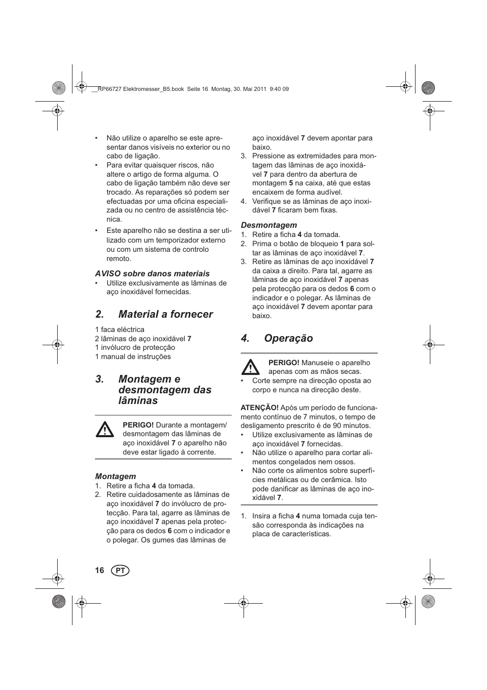 Material a fornecer, Montagem e desmontagem das lâminas, Operação | Silvercrest SEM 250 A1 User Manual | Page 18 / 34