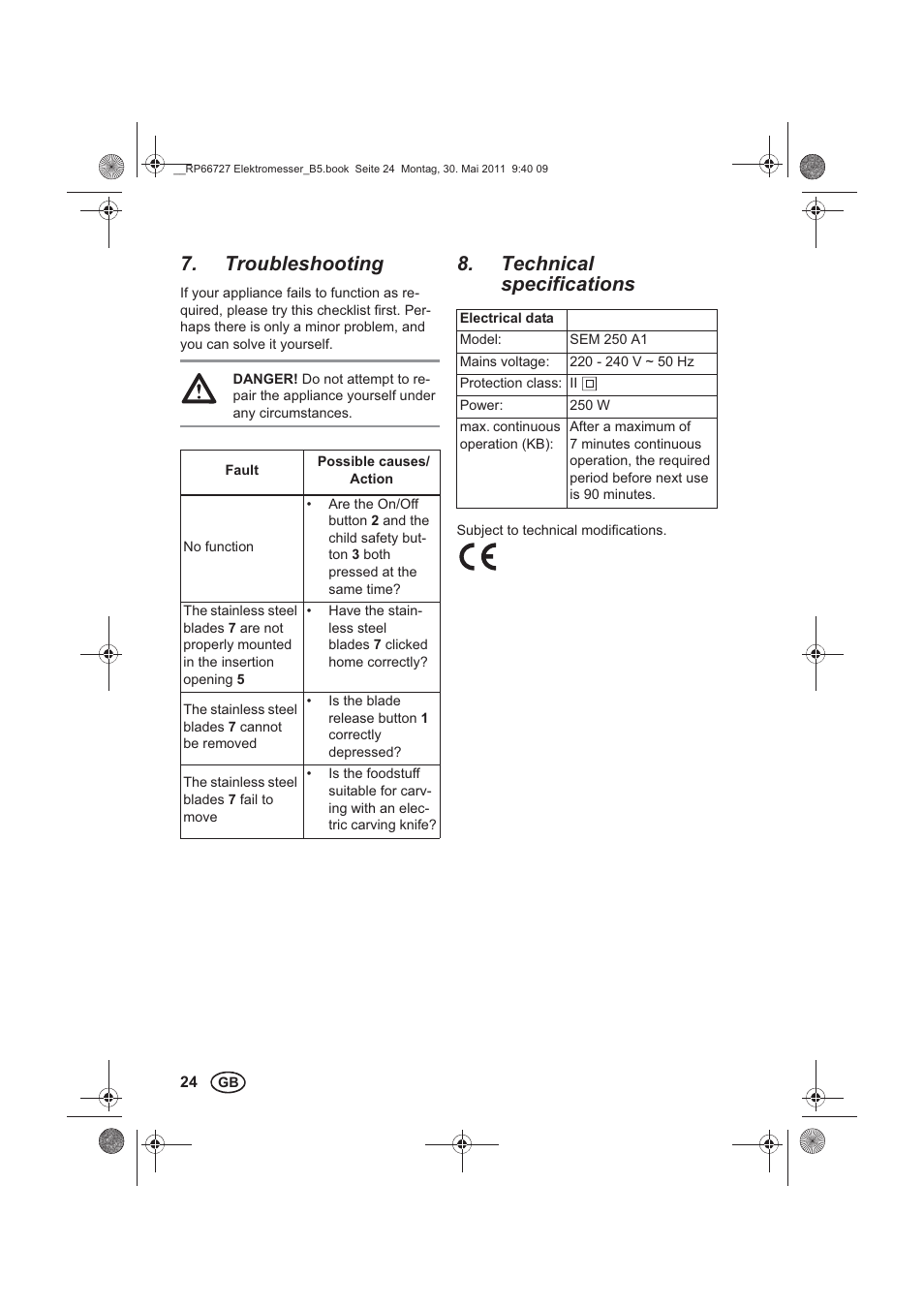Troubleshooting, Technical specifications | Silvercrest SEM 250 A1 User Manual | Page 26 / 34