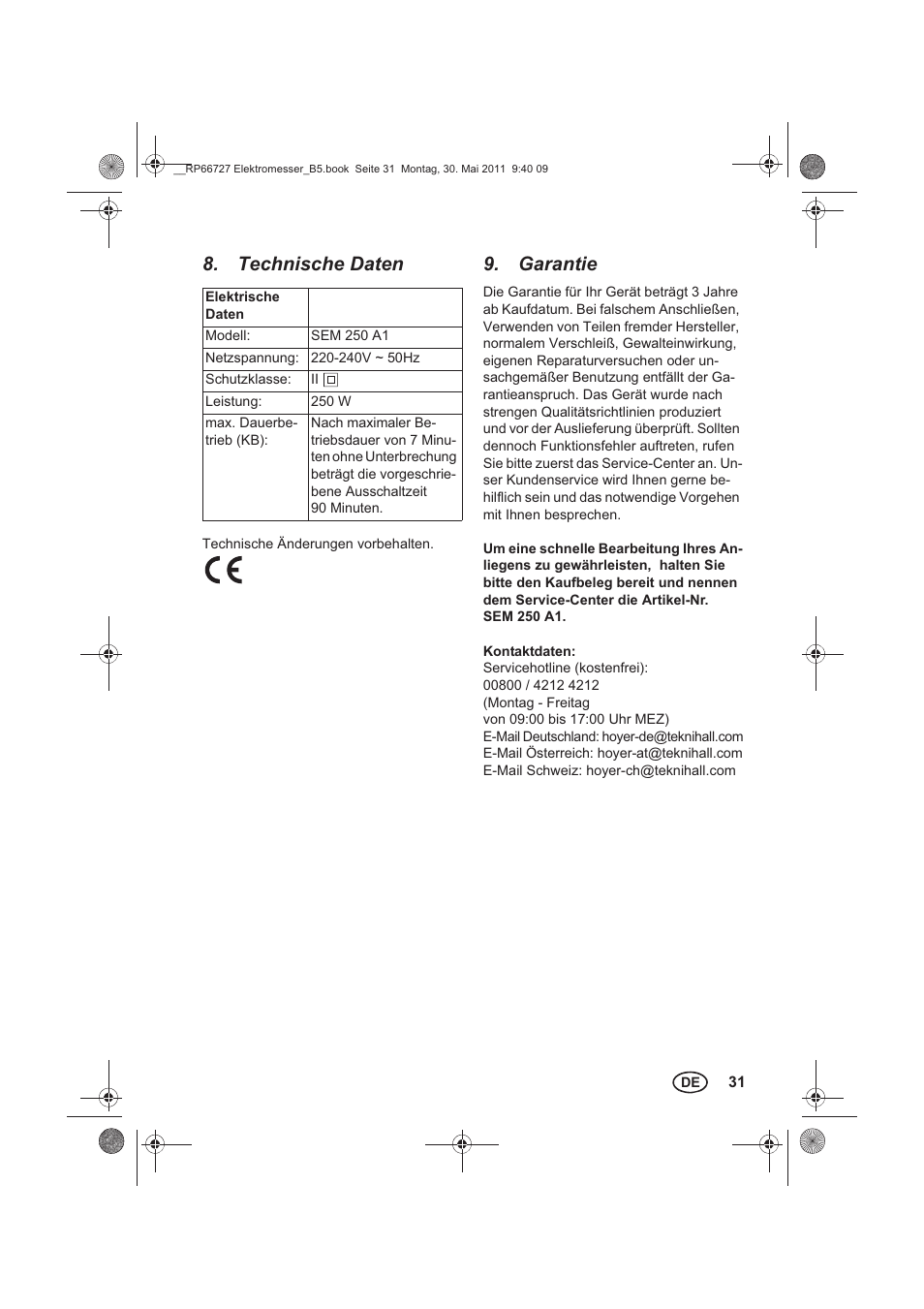 Technische daten, Garantie | Silvercrest SEM 250 A1 User Manual | Page 33 / 34