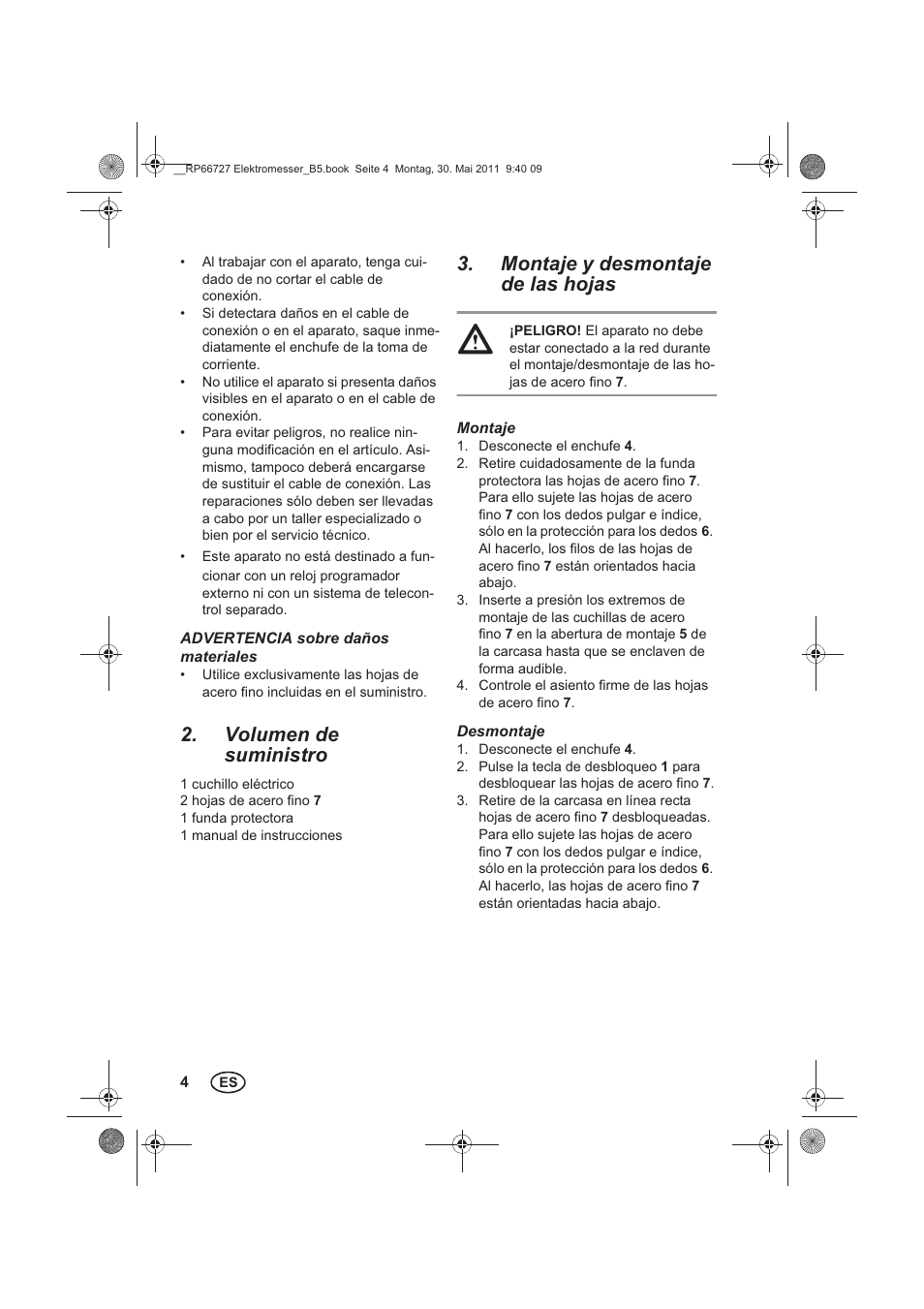 Volumen de suministro, Montaje y desmontaje de las hojas | Silvercrest SEM 250 A1 User Manual | Page 6 / 34