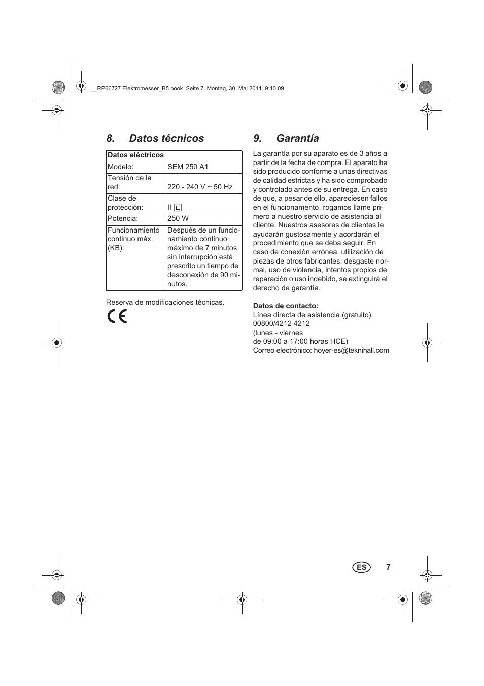 Datos técnicos, Garantía | Silvercrest SEM 250 A1 User Manual | Page 9 / 34