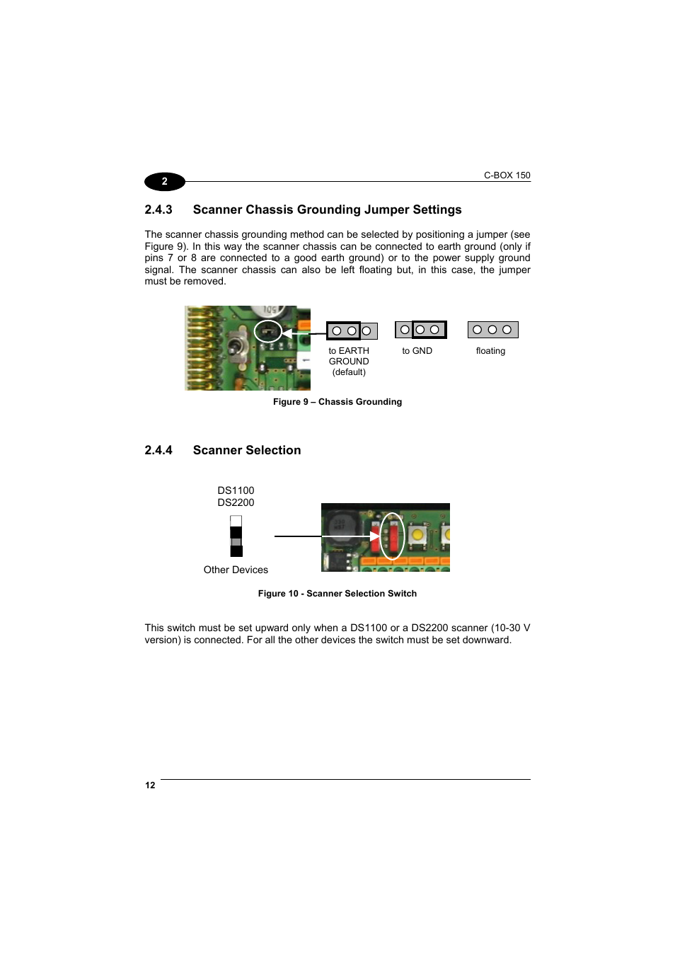 Scanner chassis grounding jumper settings, Scanner selection | Datalogic Scanning Connection Box C-BOX 150 User Manual | Page 20 / 34