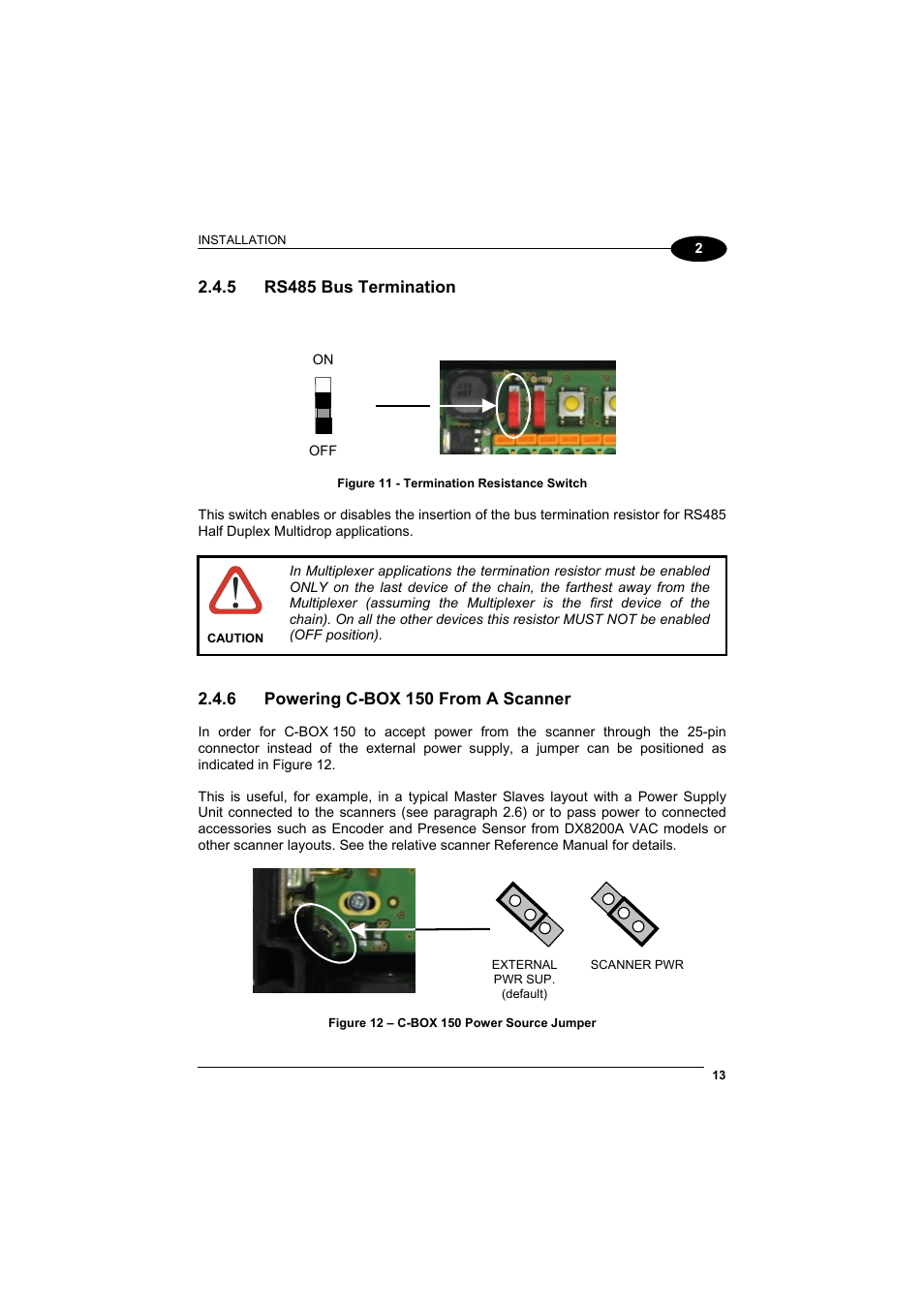 Rs485 bus termination, Powering c-box 150 from a scanner | Datalogic Scanning Connection Box C-BOX 150 User Manual | Page 21 / 34