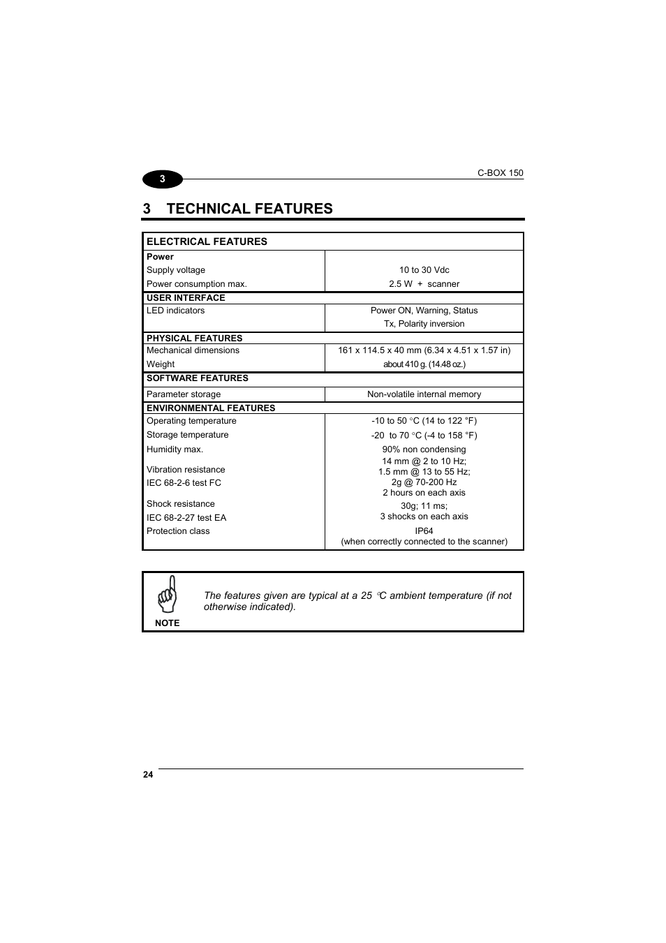 Technical features, 3 technical features | Datalogic Scanning Connection Box C-BOX 150 User Manual | Page 32 / 34