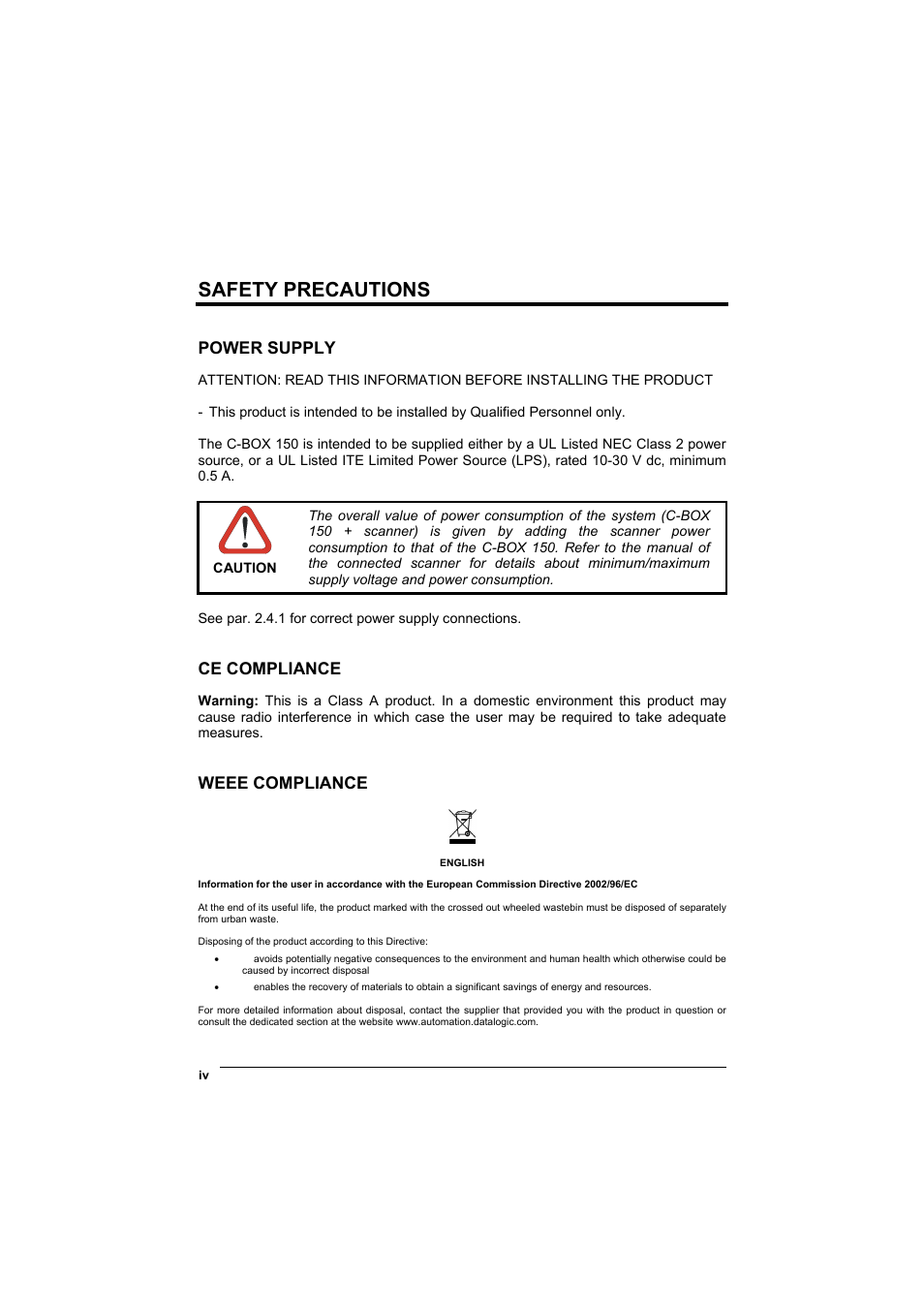 Safety precautions, Power supply, Ce compliance | Weee compliance | Datalogic Scanning Connection Box C-BOX 150 User Manual | Page 4 / 34