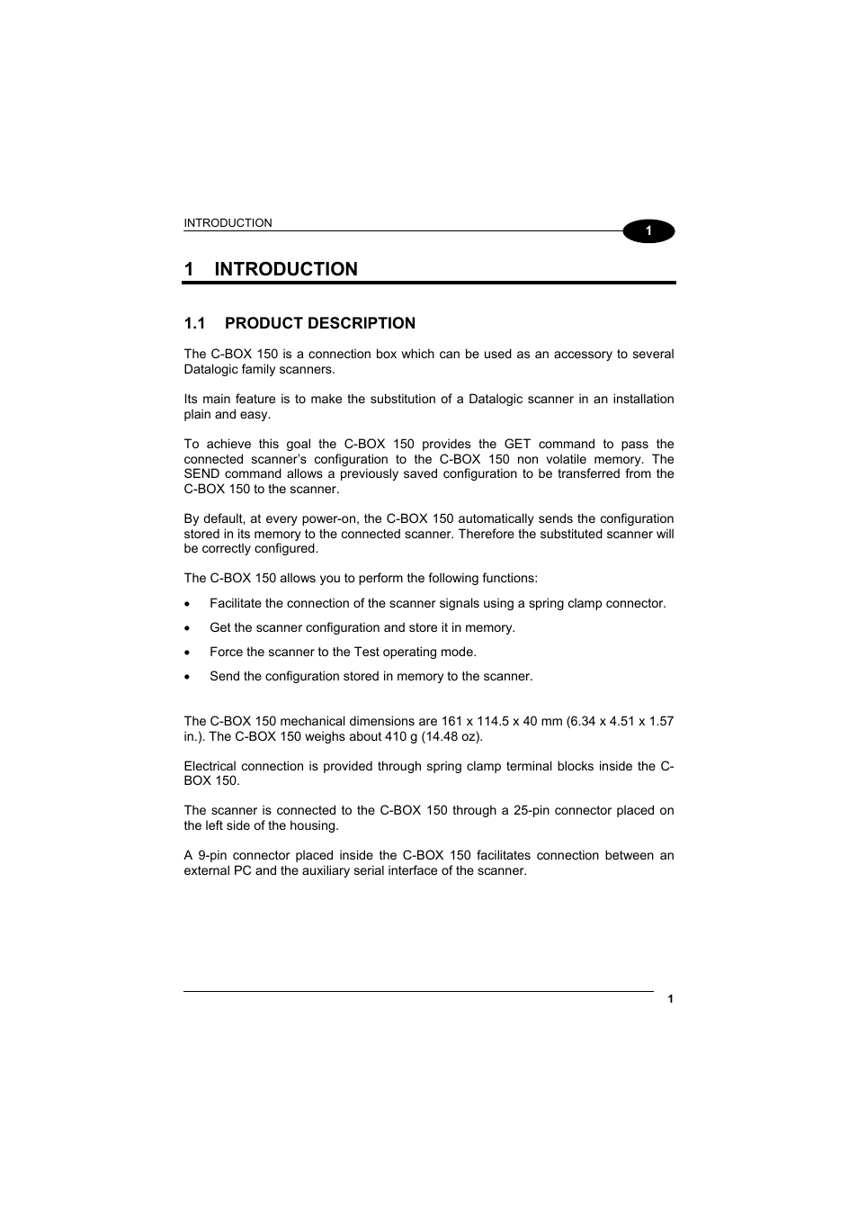 Introduction, Product description, 1 introduction | Datalogic Scanning Connection Box C-BOX 150 User Manual | Page 9 / 34
