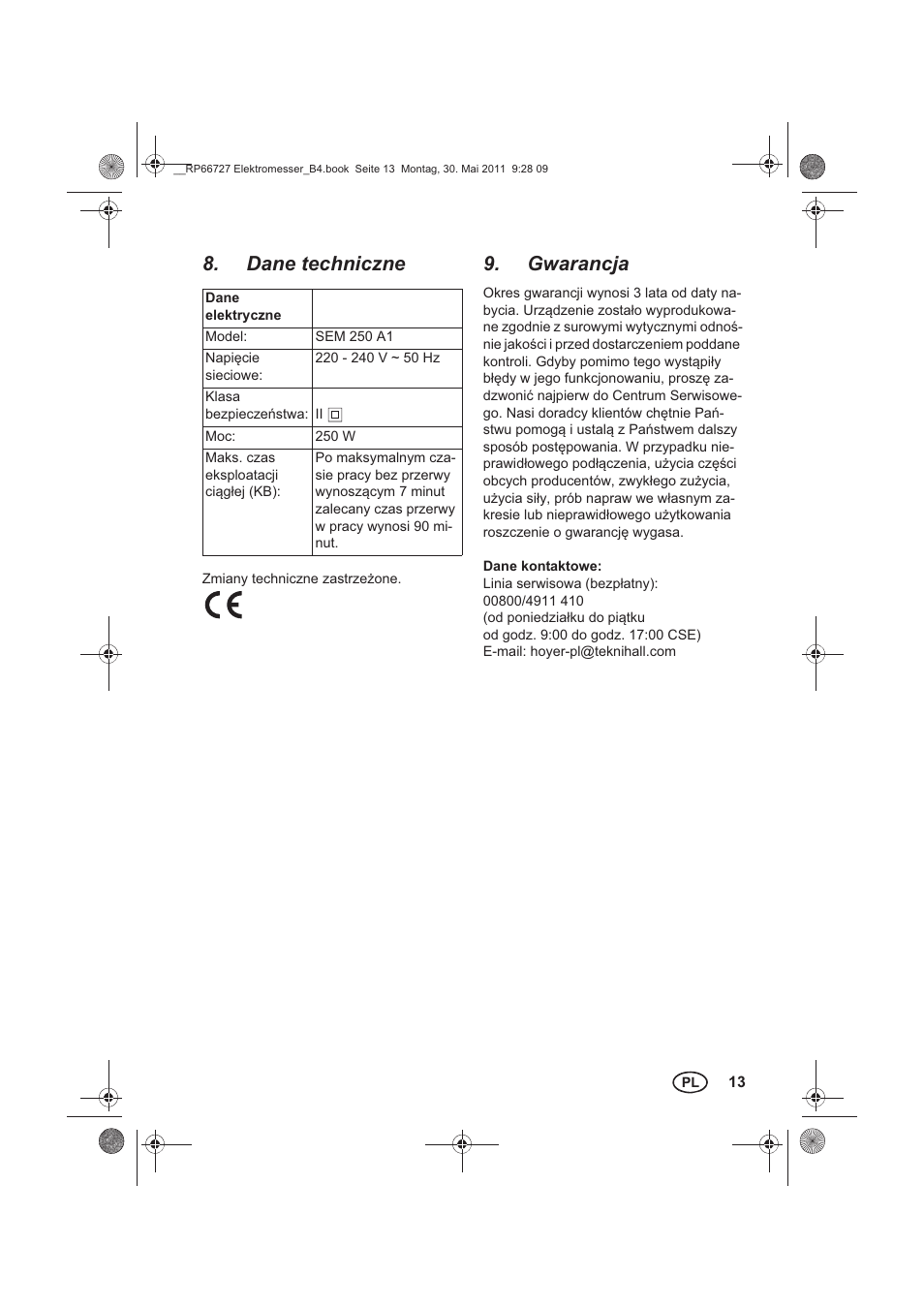 Dane techniczne, Gwarancja | Silvercrest SEM 250 A1 User Manual | Page 15 / 46