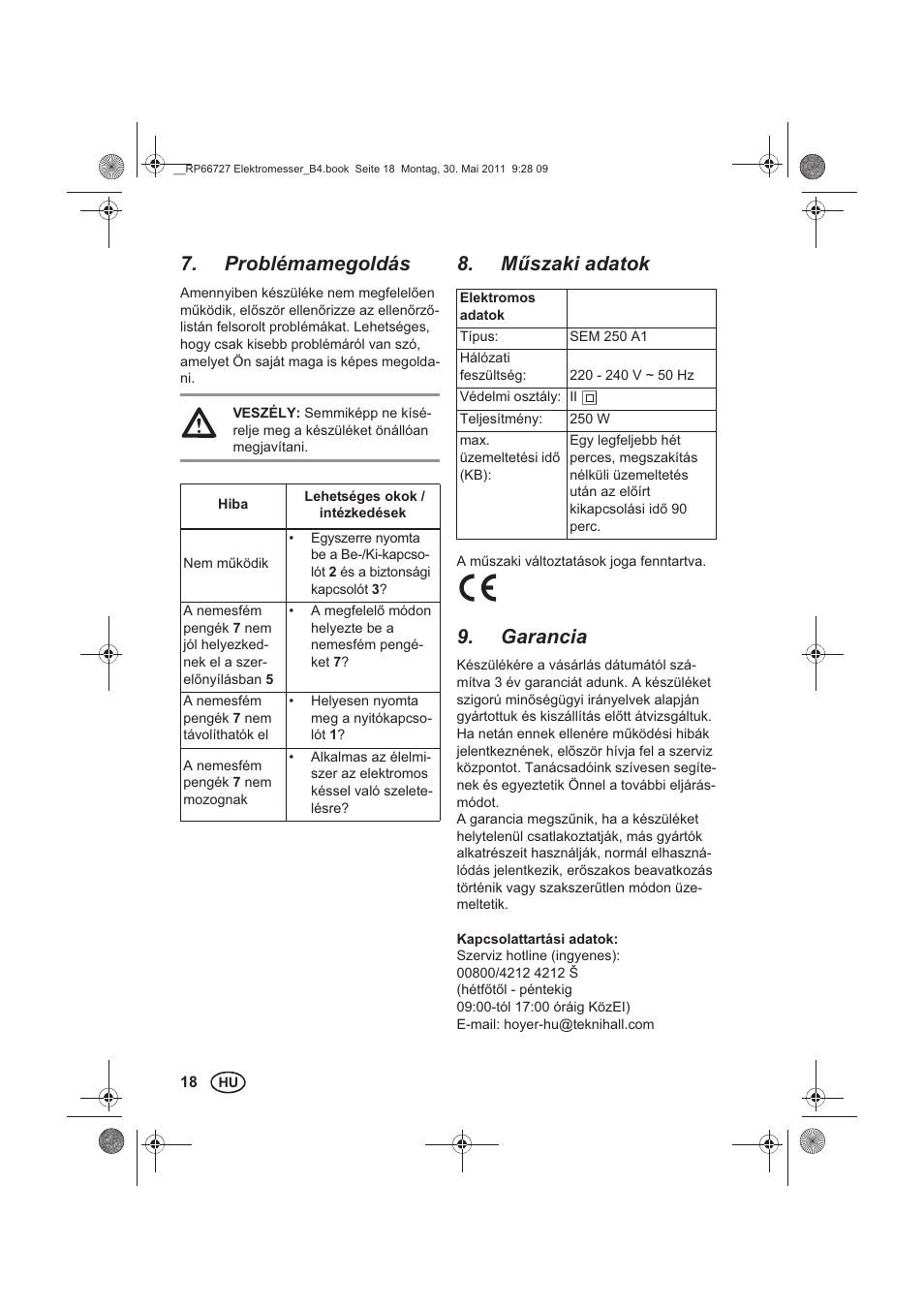 Problémamegoldás, M szaki adatok, Garancia | Silvercrest SEM 250 A1 User Manual | Page 20 / 46