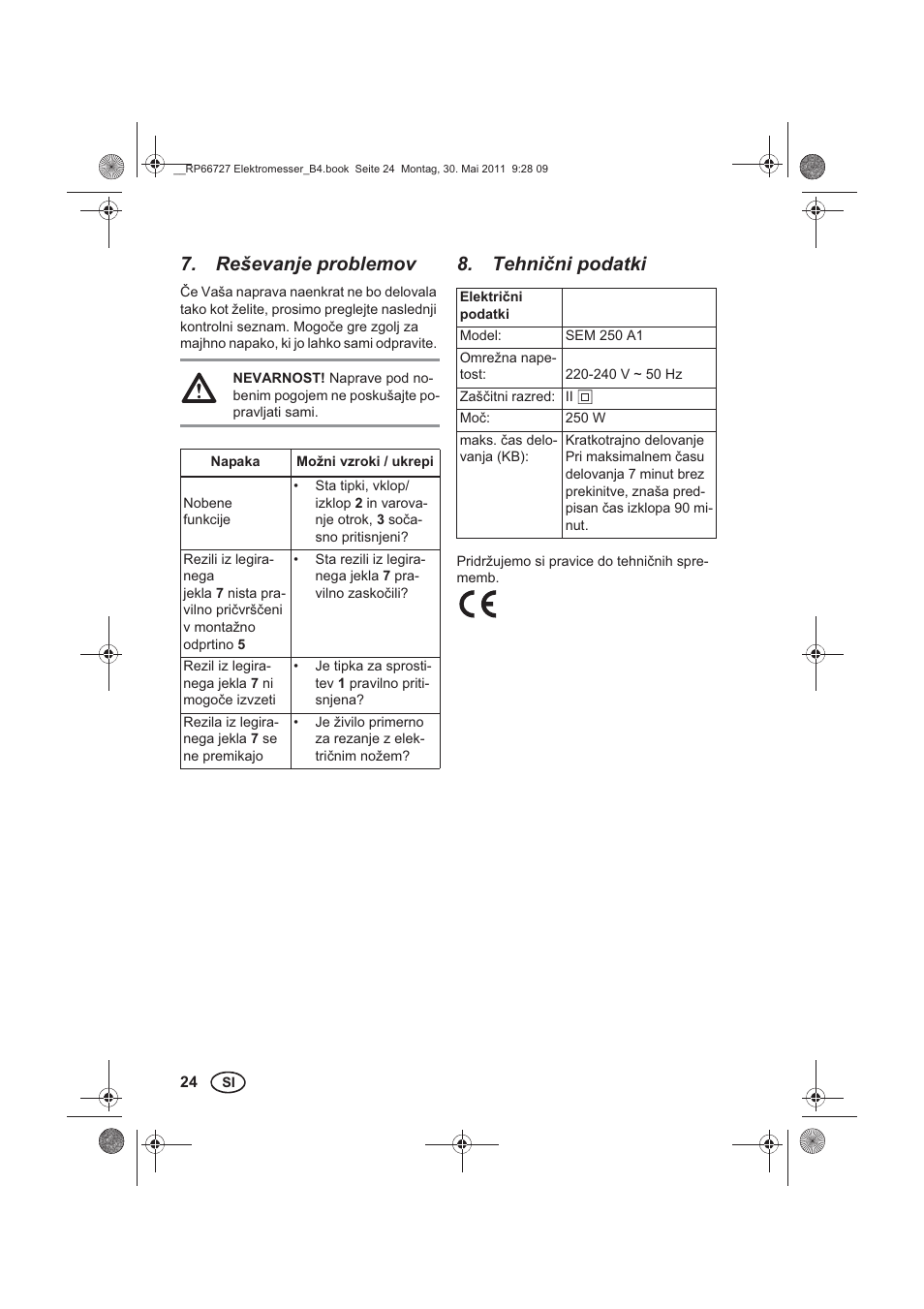 Reševanje problemov, Tehnini podatki | Silvercrest SEM 250 A1 User Manual | Page 26 / 46