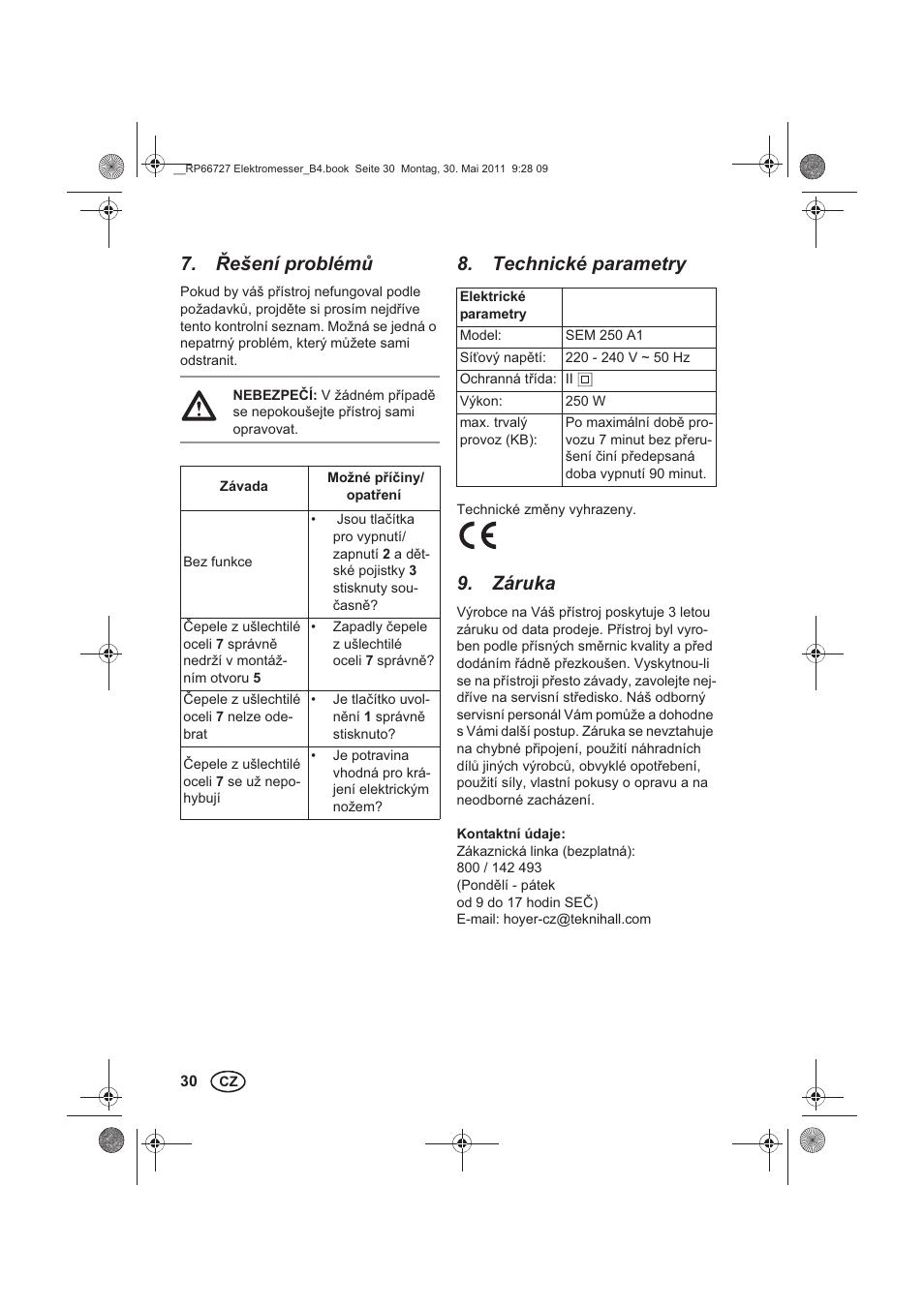 ešení problém, Technické parametry, Záruka | Silvercrest SEM 250 A1 User Manual | Page 32 / 46