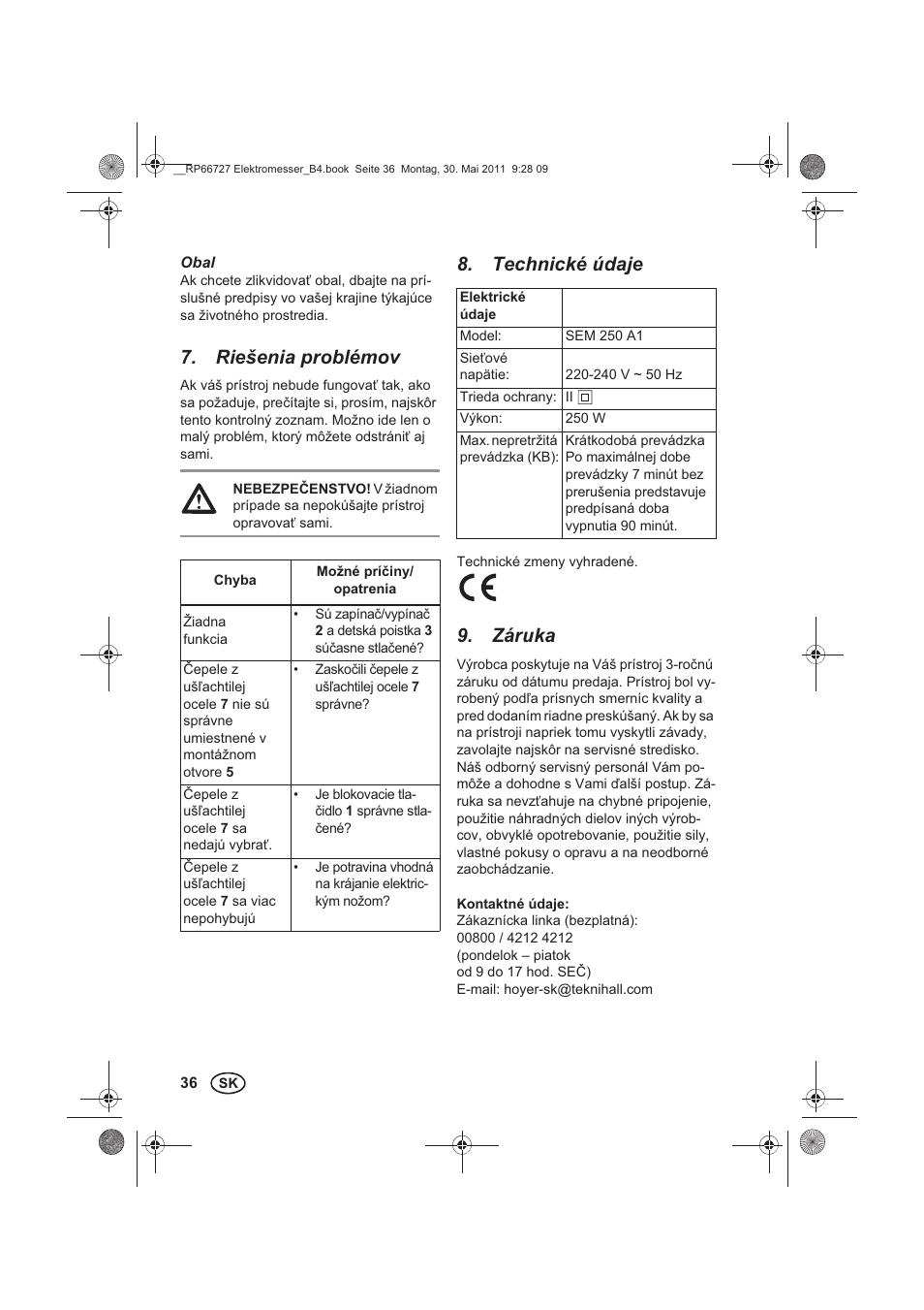 Riešenia problémov, Technické údaje, Záruka | Silvercrest SEM 250 A1 User Manual | Page 38 / 46