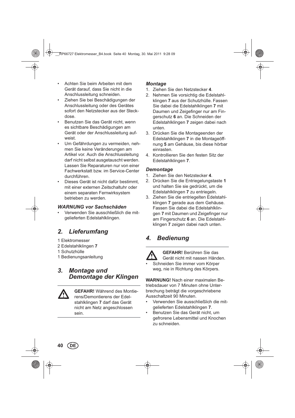 Lieferumfang, Montage und demontage der klingen, Bedienung | Silvercrest SEM 250 A1 User Manual | Page 42 / 46