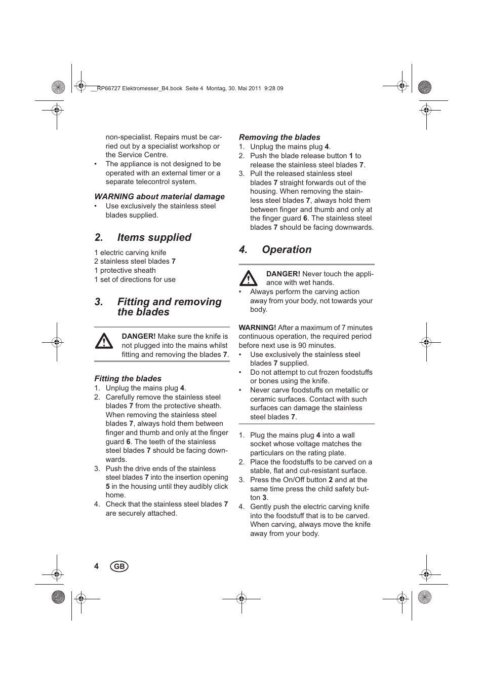 Items supplied, Fitting and removing the blades, Operation | Silvercrest SEM 250 A1 User Manual | Page 6 / 46