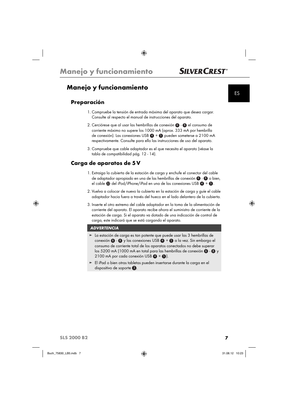 Manejo y funcionamiento, Preparación, Carga de aparatos de 5 v | Silvercrest SLS 2000 B2 User Manual | Page 10 / 74