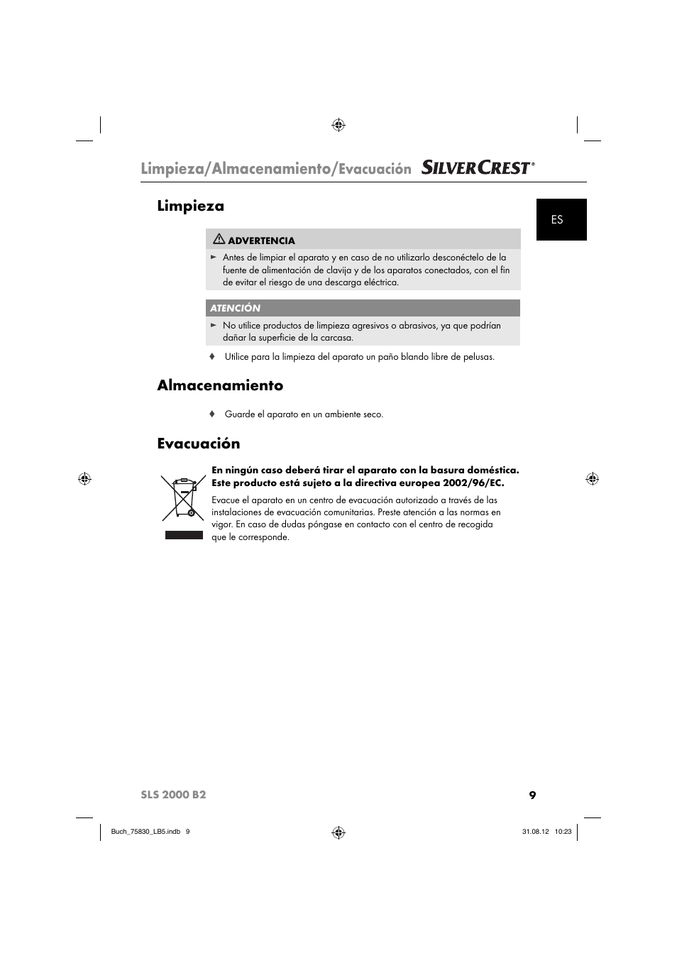 Limpieza/almacenamiento, Evacuación, Limpieza | Almacenamiento | Silvercrest SLS 2000 B2 User Manual | Page 12 / 74