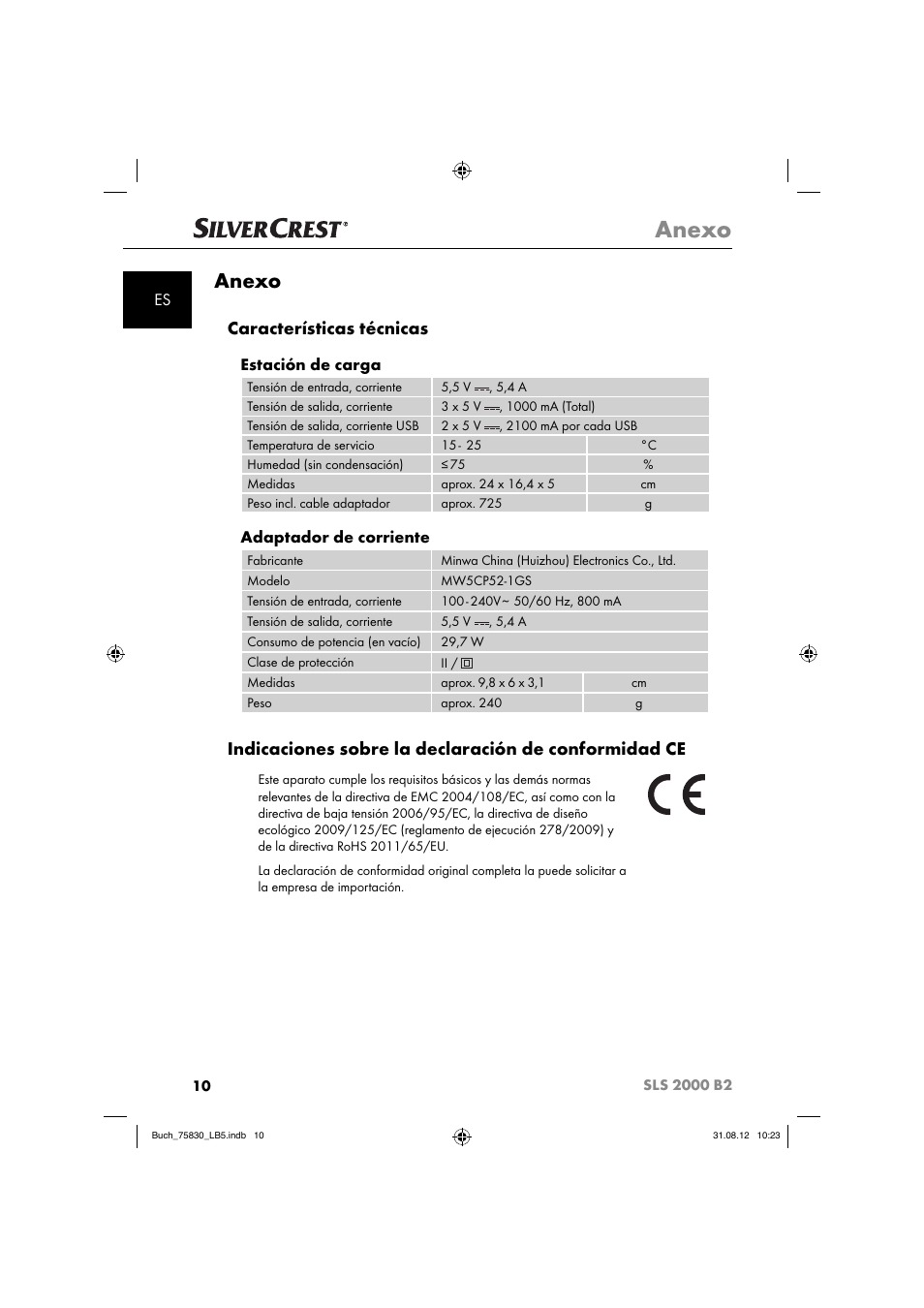 Anexo, Características técnicas, Estación de carga | Adaptador de corriente | Silvercrest SLS 2000 B2 User Manual | Page 13 / 74