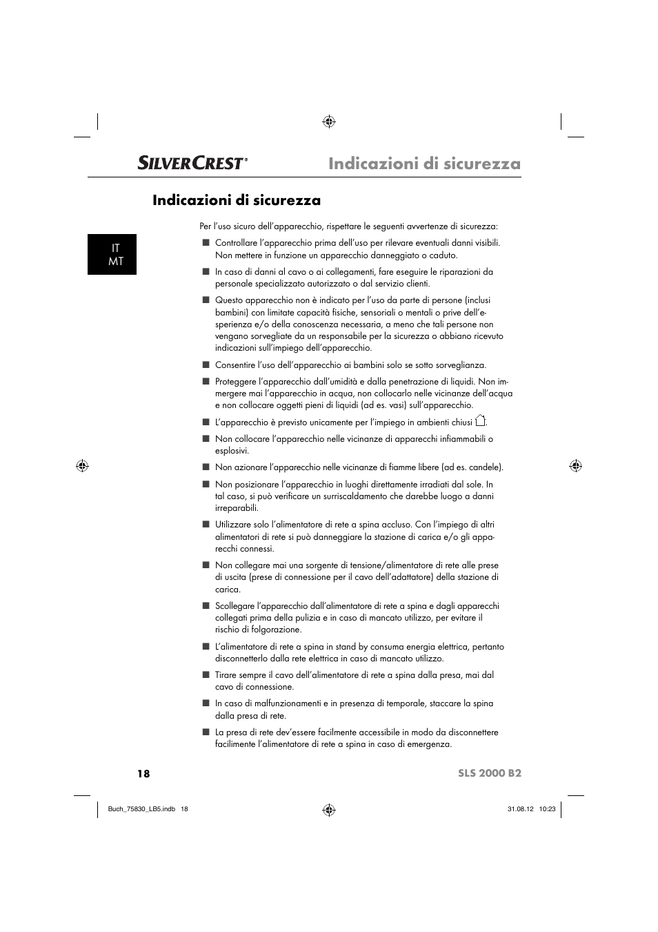 Indicazioni di sicurezza, It mt | Silvercrest SLS 2000 B2 User Manual | Page 21 / 74