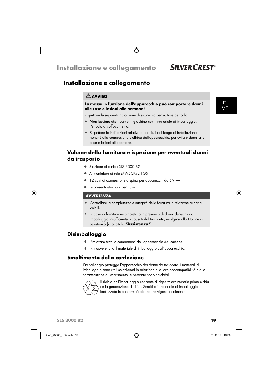 Installazione e collegamento, Disimballaggio, Smaltimento della confezione | It mt | Silvercrest SLS 2000 B2 User Manual | Page 22 / 74