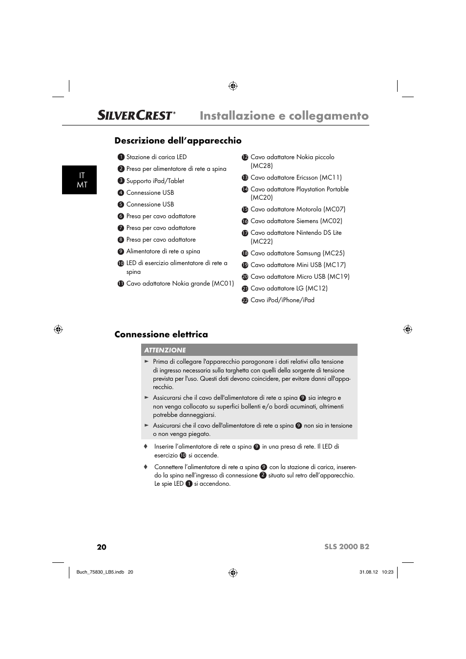 Installazione e collegamento, Descrizione dell’apparecchio, Connessione elettrica | It mt | Silvercrest SLS 2000 B2 User Manual | Page 23 / 74