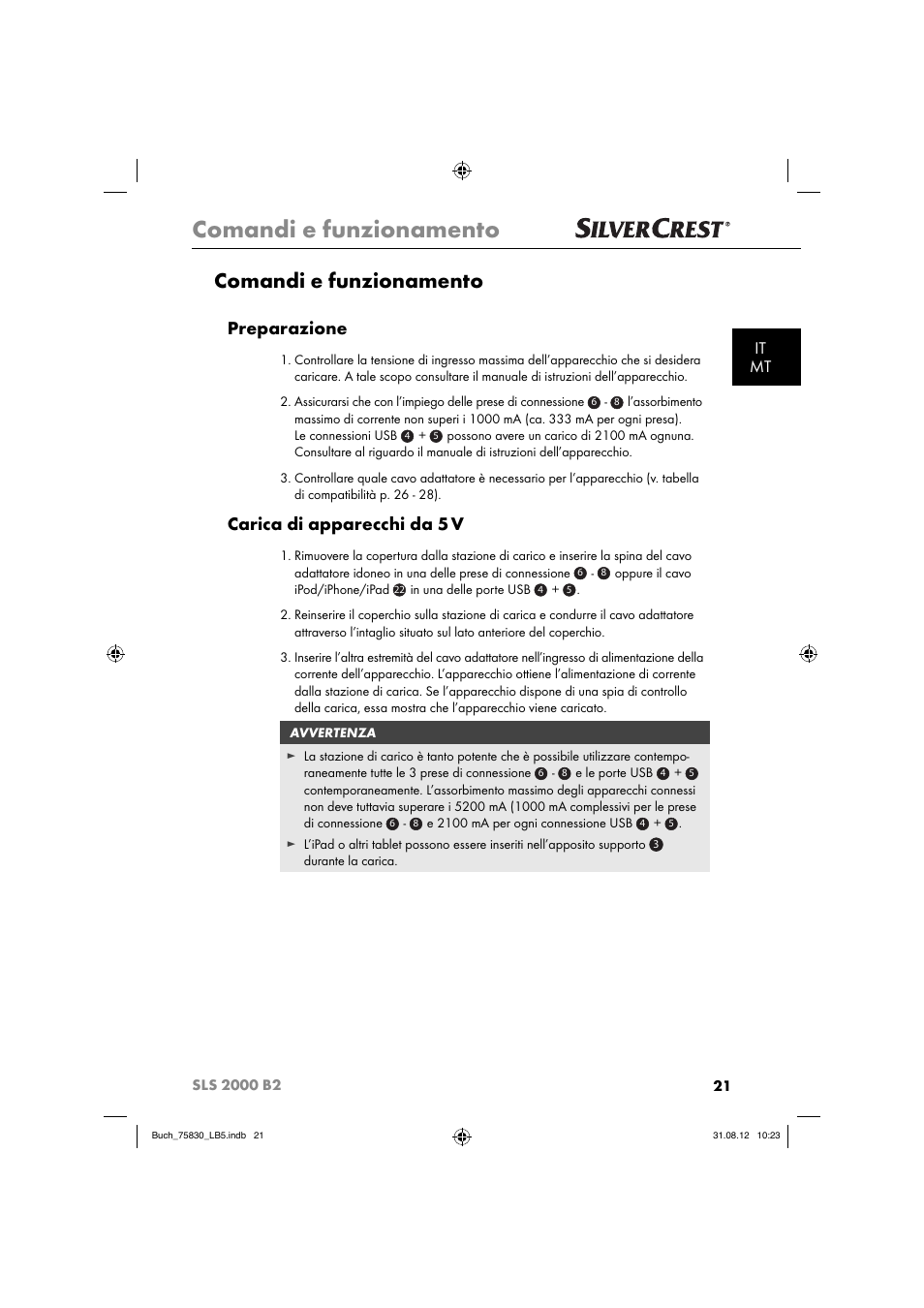 Comandi e funzionamento, Preparazione, Carica di apparecchi da 5 v | It mt | Silvercrest SLS 2000 B2 User Manual | Page 24 / 74