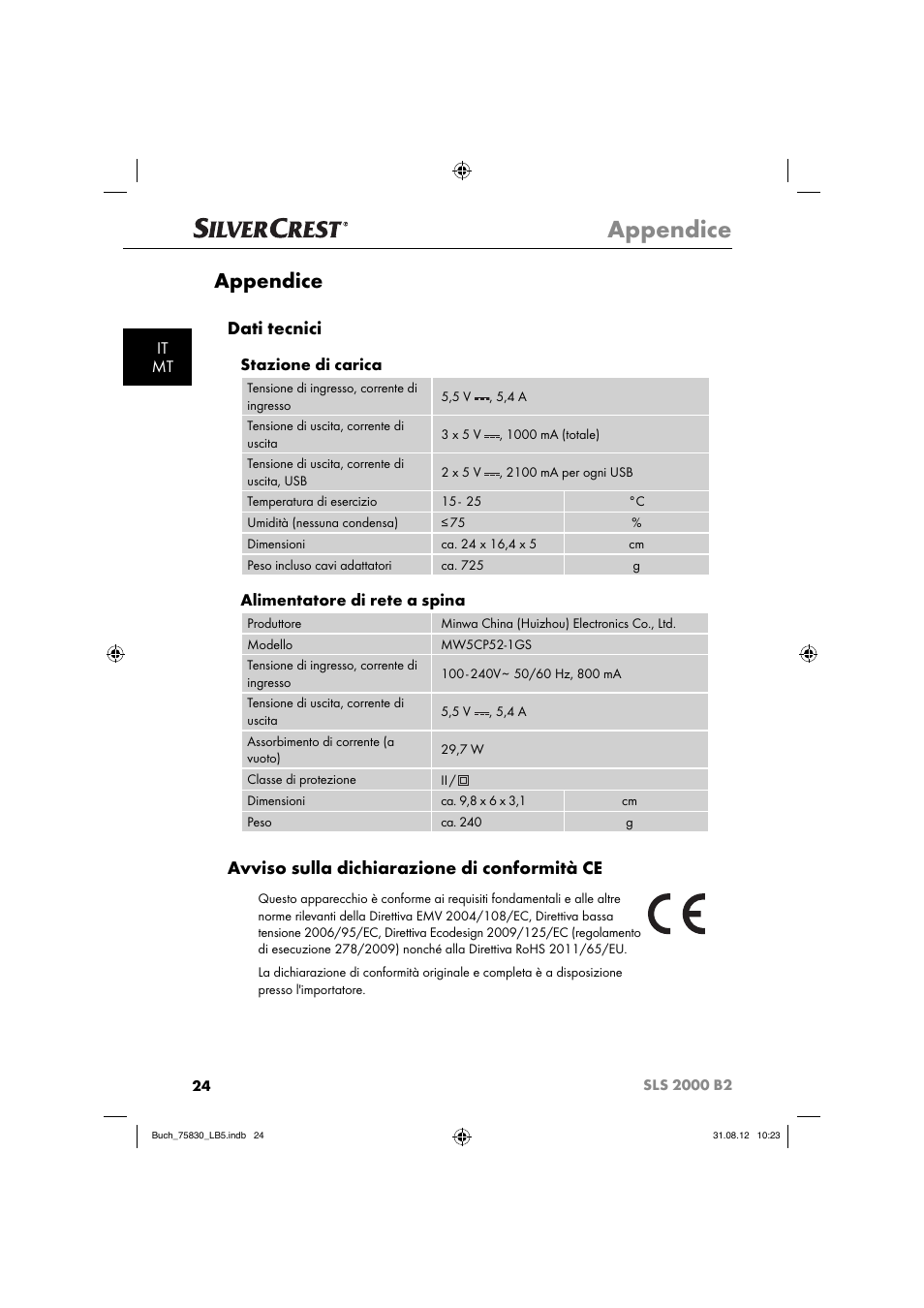 Appendice, Dati tecnici, Avviso sulla dichiarazione di conformità ce | It mt, Stazione di carica, Alimentatore di rete a spina | Silvercrest SLS 2000 B2 User Manual | Page 27 / 74