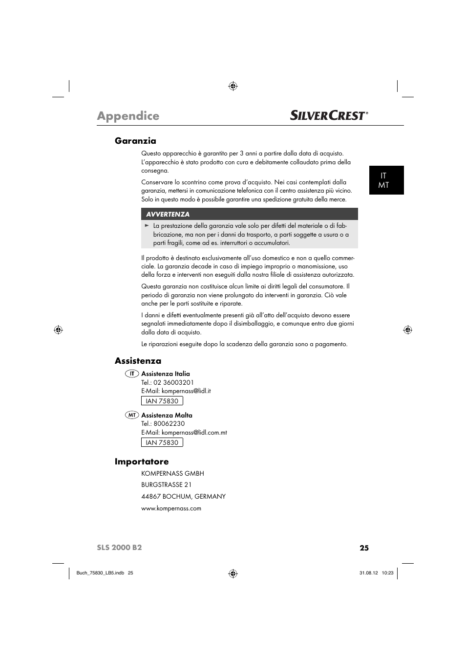 Appendice, Garanzia, Assistenza | Importatore, It mt | Silvercrest SLS 2000 B2 User Manual | Page 28 / 74