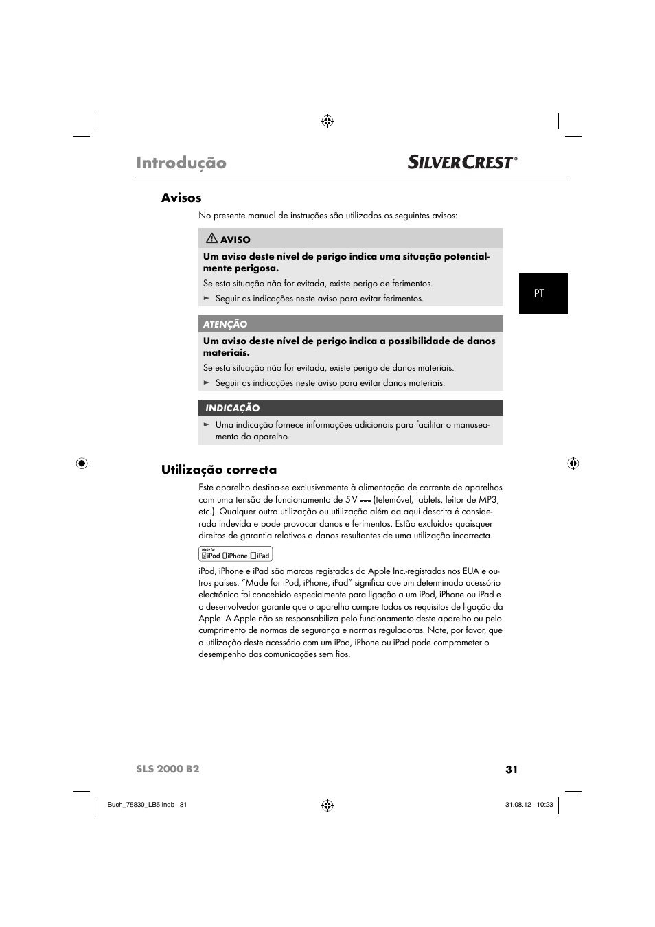 Introdução, Avisos, Utilização correcta | Silvercrest SLS 2000 B2 User Manual | Page 34 / 74