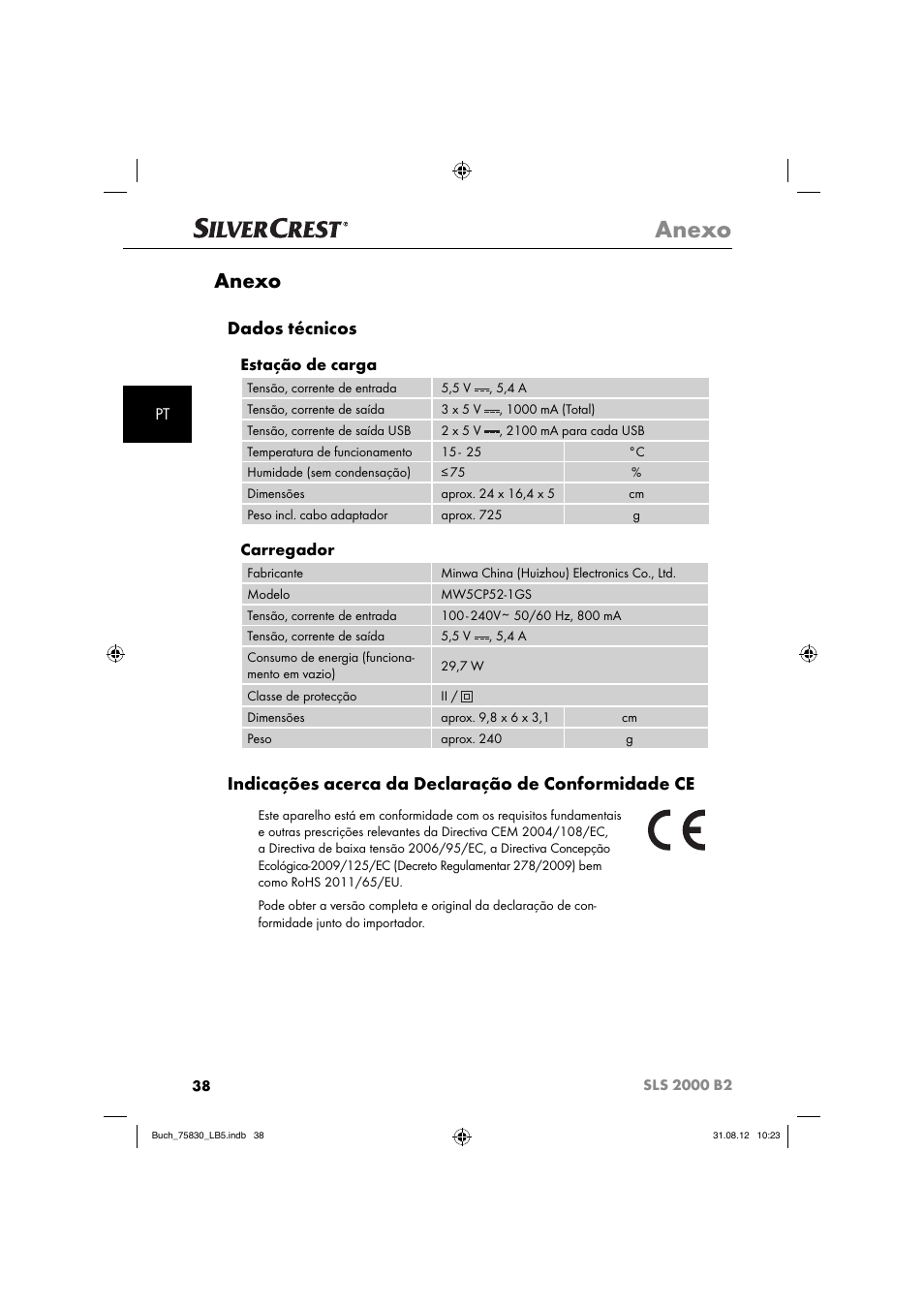 Anexo, Dados técnicos, Indicações acerca da declaração de conformidade ce | Estação de carga, Carregador | Silvercrest SLS 2000 B2 User Manual | Page 41 / 74