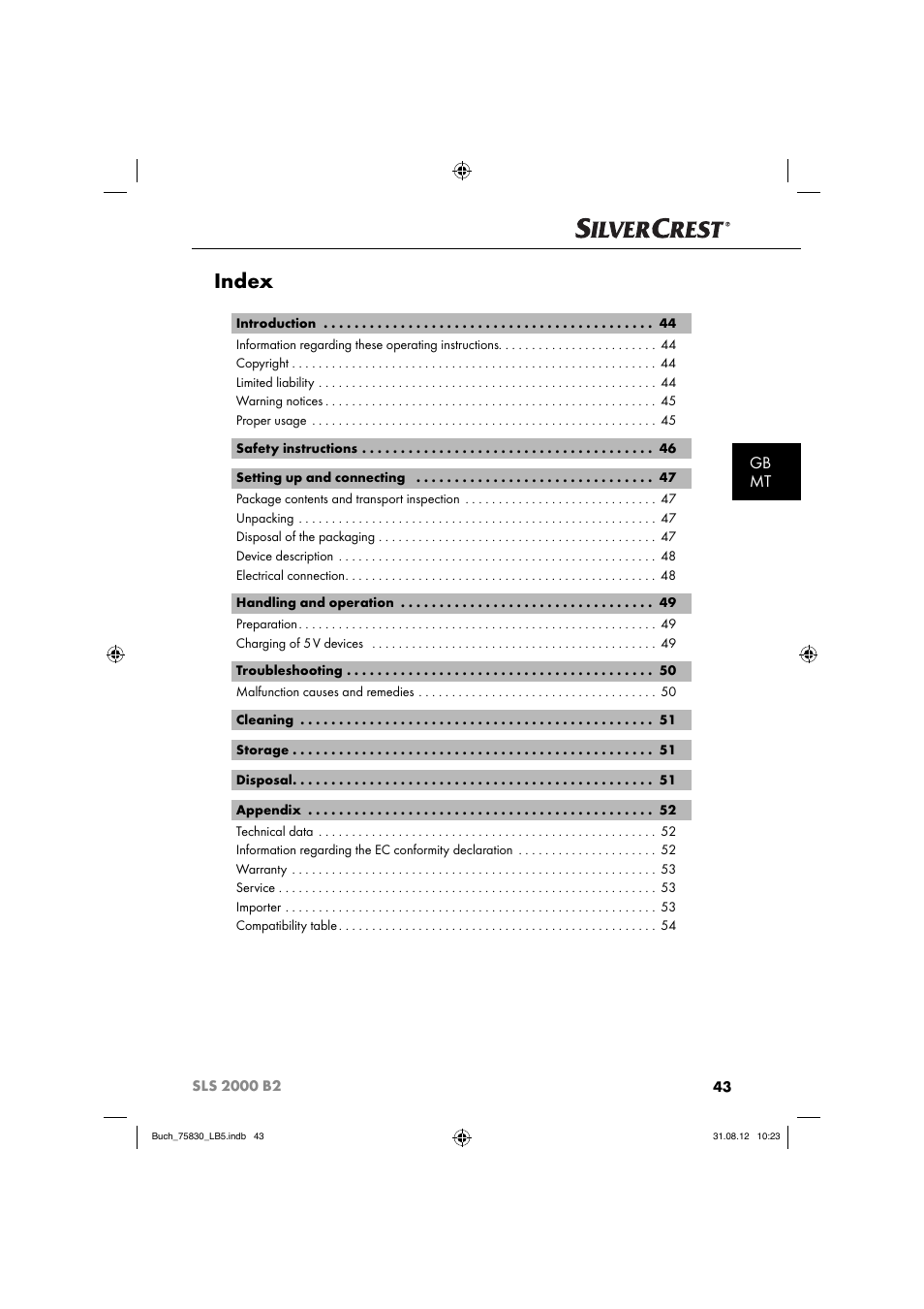 Index, Gb mt | Silvercrest SLS 2000 B2 User Manual | Page 46 / 74