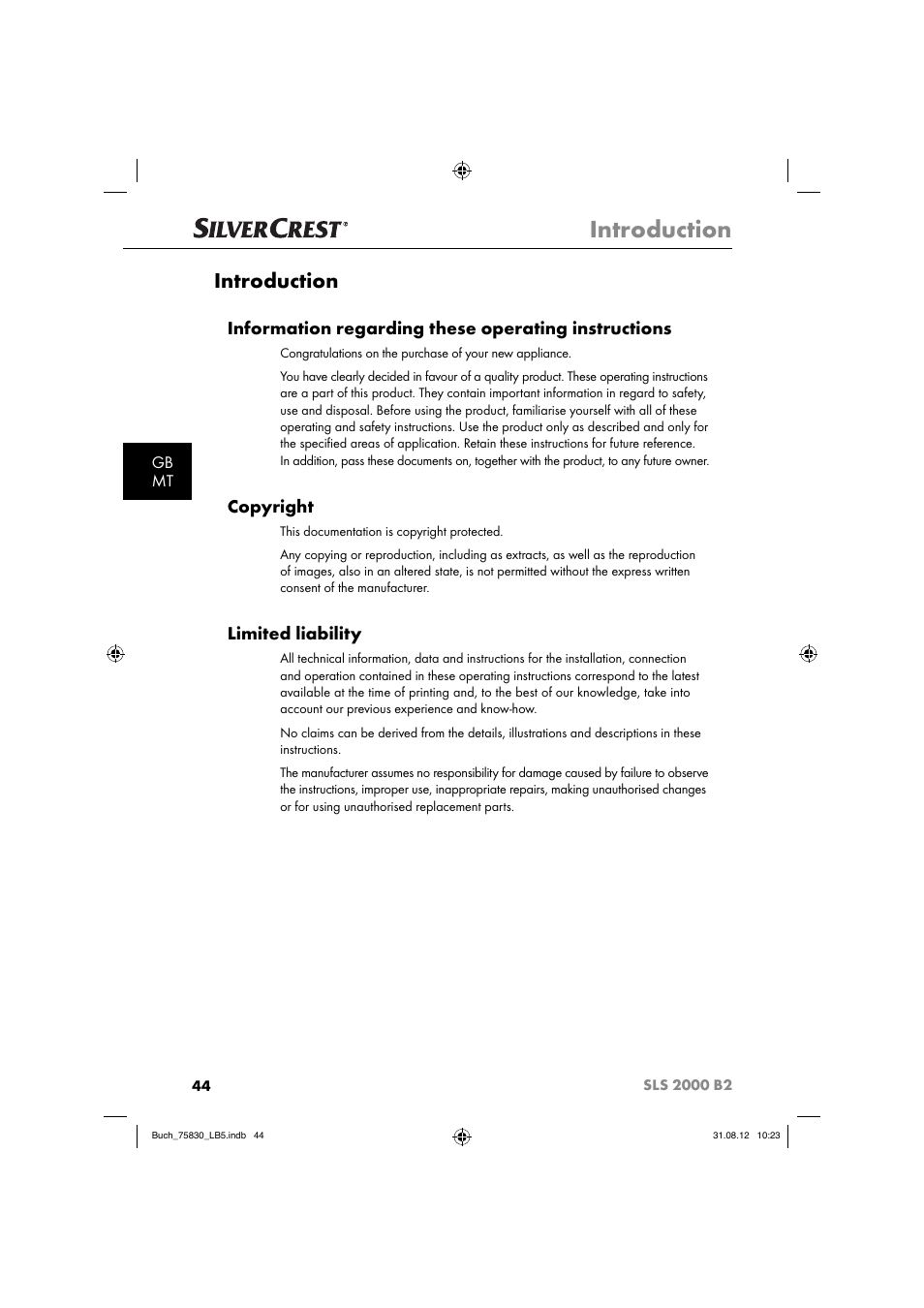 Introduction, Information regarding these operating instructions, Copyright | Limited liability, Gb mt | Silvercrest SLS 2000 B2 User Manual | Page 47 / 74