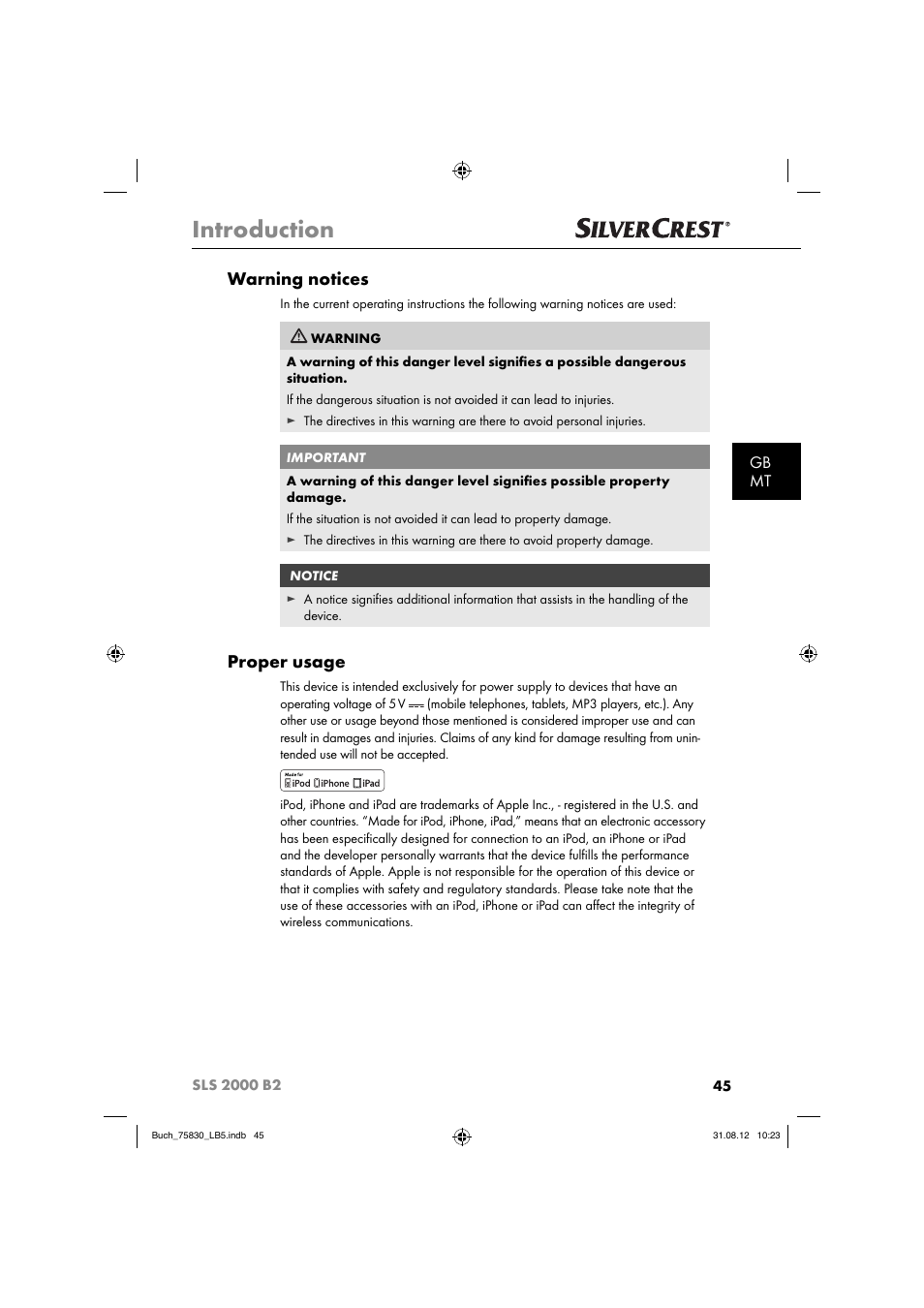 Introduction, Warning notices, Proper usage | Gb mt | Silvercrest SLS 2000 B2 User Manual | Page 48 / 74