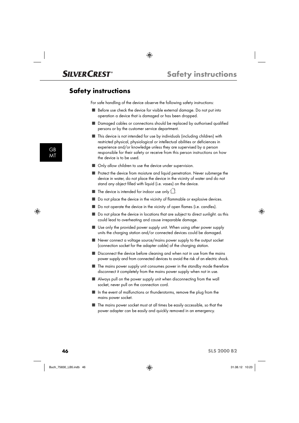 Safety instructions, Gb mt | Silvercrest SLS 2000 B2 User Manual | Page 49 / 74