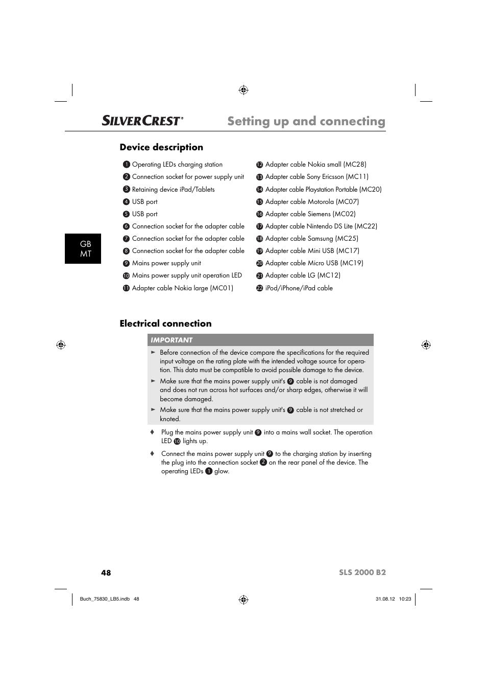 Setting up and connecting, Device description, Electrical connection | Gb mt | Silvercrest SLS 2000 B2 User Manual | Page 51 / 74