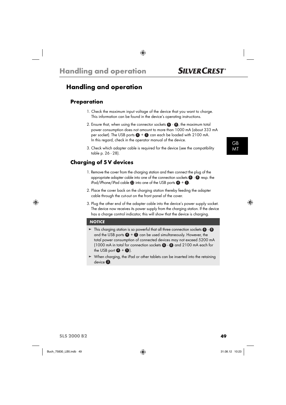 Handling and operation, Preparation, Charging of 5 v devices | Gb mt | Silvercrest SLS 2000 B2 User Manual | Page 52 / 74