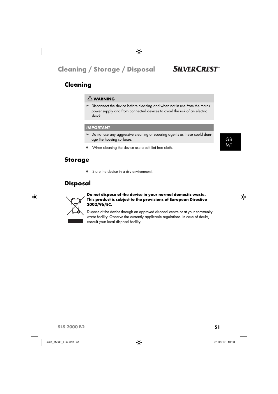 Cleaning / storage / disposal, Cleaning, Storage | Disposal, Gb mt | Silvercrest SLS 2000 B2 User Manual | Page 54 / 74