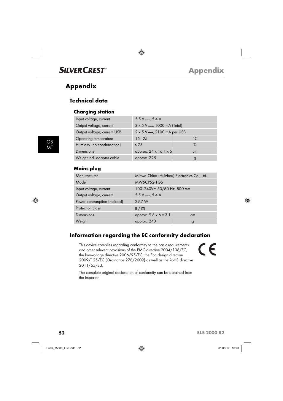 Appendix, Technical data, Gb mt | Charging station, Mains plug | Silvercrest SLS 2000 B2 User Manual | Page 55 / 74