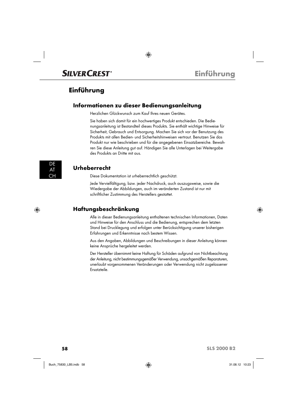 Einführung, Informationen zu dieser bedienungsanleitung, Urheberrecht | Haftungsbeschränkung | Silvercrest SLS 2000 B2 User Manual | Page 61 / 74