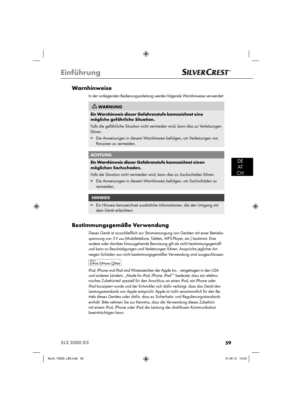 Einführung, Warnhinweise, Bestimmungsgemäße verwendung | De at ch | Silvercrest SLS 2000 B2 User Manual | Page 62 / 74