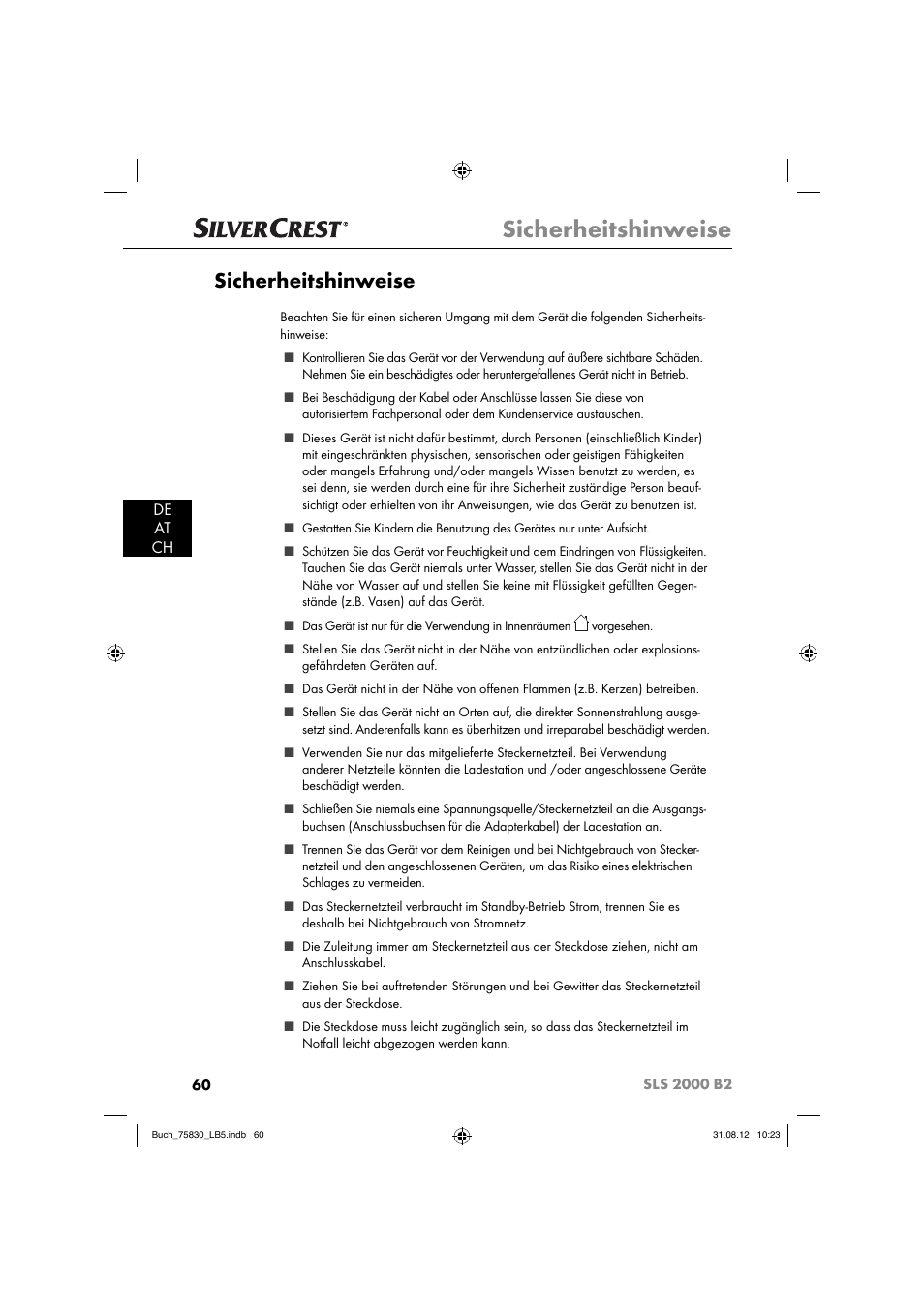 Sicherheitshinweise, De at ch | Silvercrest SLS 2000 B2 User Manual | Page 63 / 74