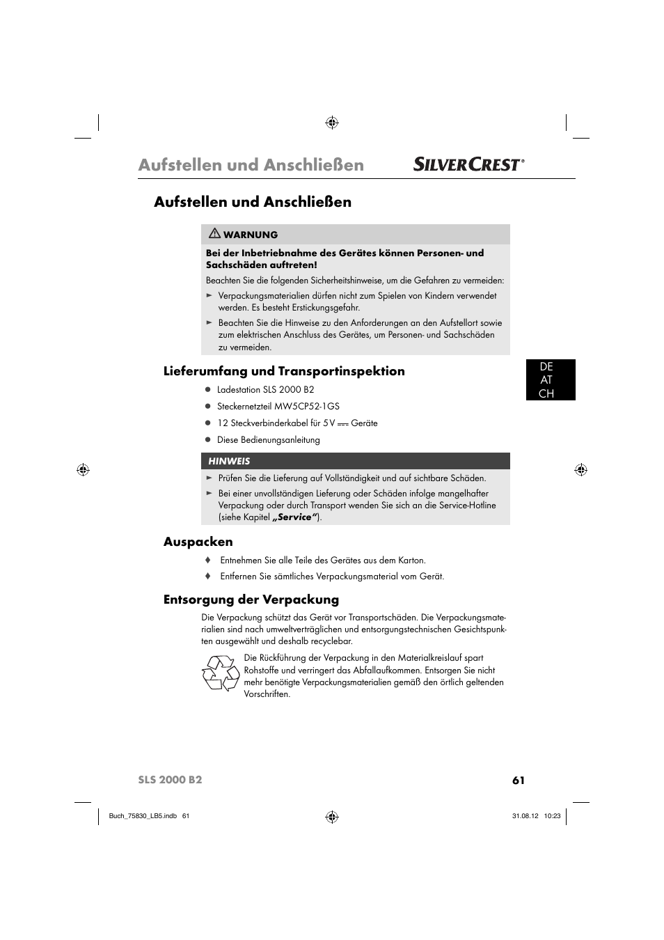 Aufstellen und anschließen, Lieferumfang und transportinspektion, Auspacken | Entsorgung der verpackung, De at ch | Silvercrest SLS 2000 B2 User Manual | Page 64 / 74