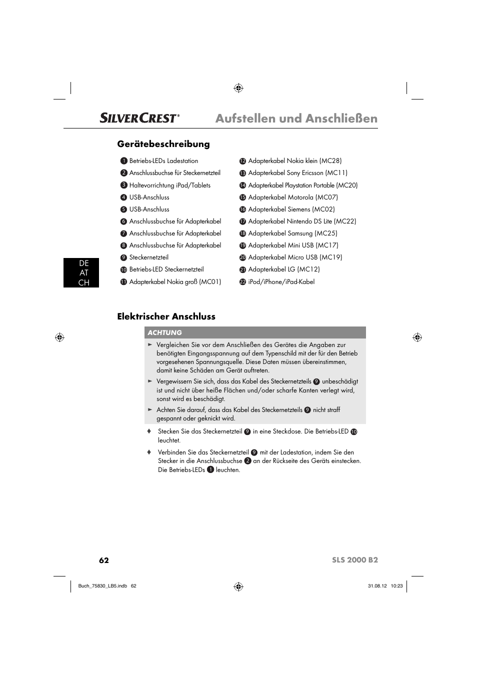 Aufstellen und anschließen, Gerätebeschreibung, Elektrischer anschluss | De at ch | Silvercrest SLS 2000 B2 User Manual | Page 65 / 74