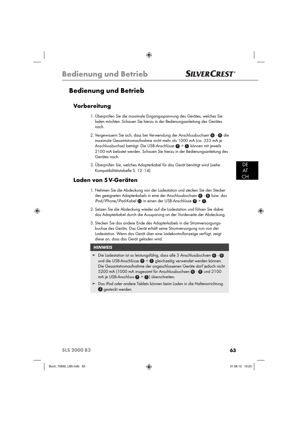 Bedienung und betrieb, Vorbereitung, Laden von 5 v-geräten | De at ch | Silvercrest SLS 2000 B2 User Manual | Page 66 / 74