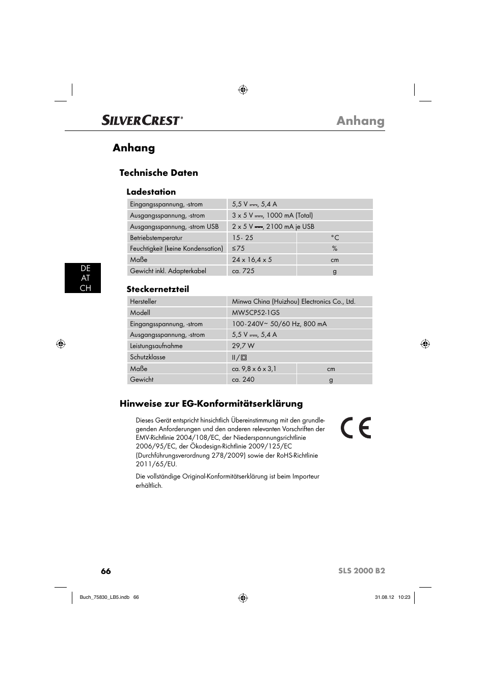 Anhang, Technische daten, Hinweise zur eg-konformitätserklärung | De at ch, Ladestation, Steckernetzteil | Silvercrest SLS 2000 B2 User Manual | Page 69 / 74