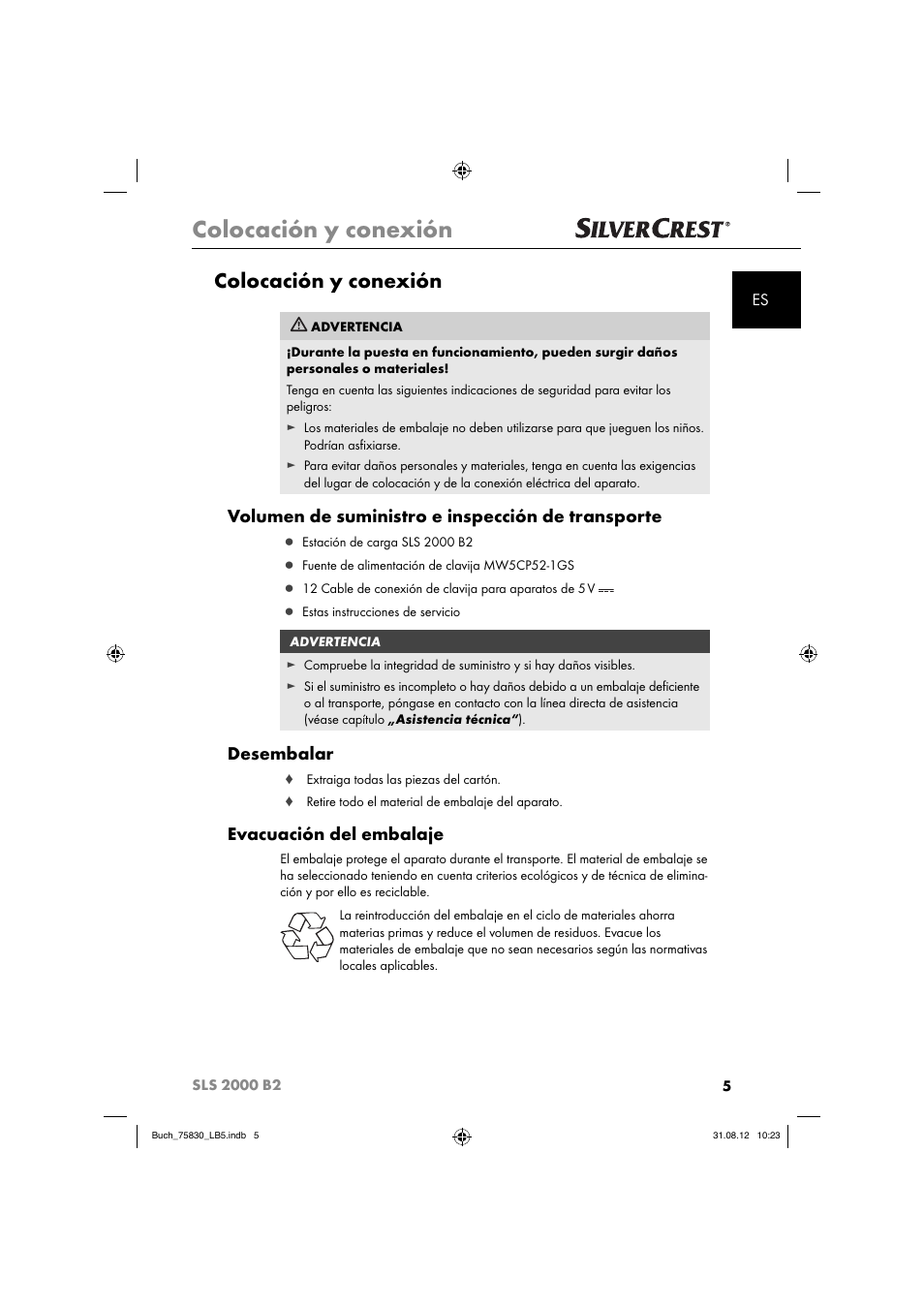 Colocación y conexión, Volumen de suministro e inspección de transporte, Desembalar | Evacuación del embalaje | Silvercrest SLS 2000 B2 User Manual | Page 8 / 74