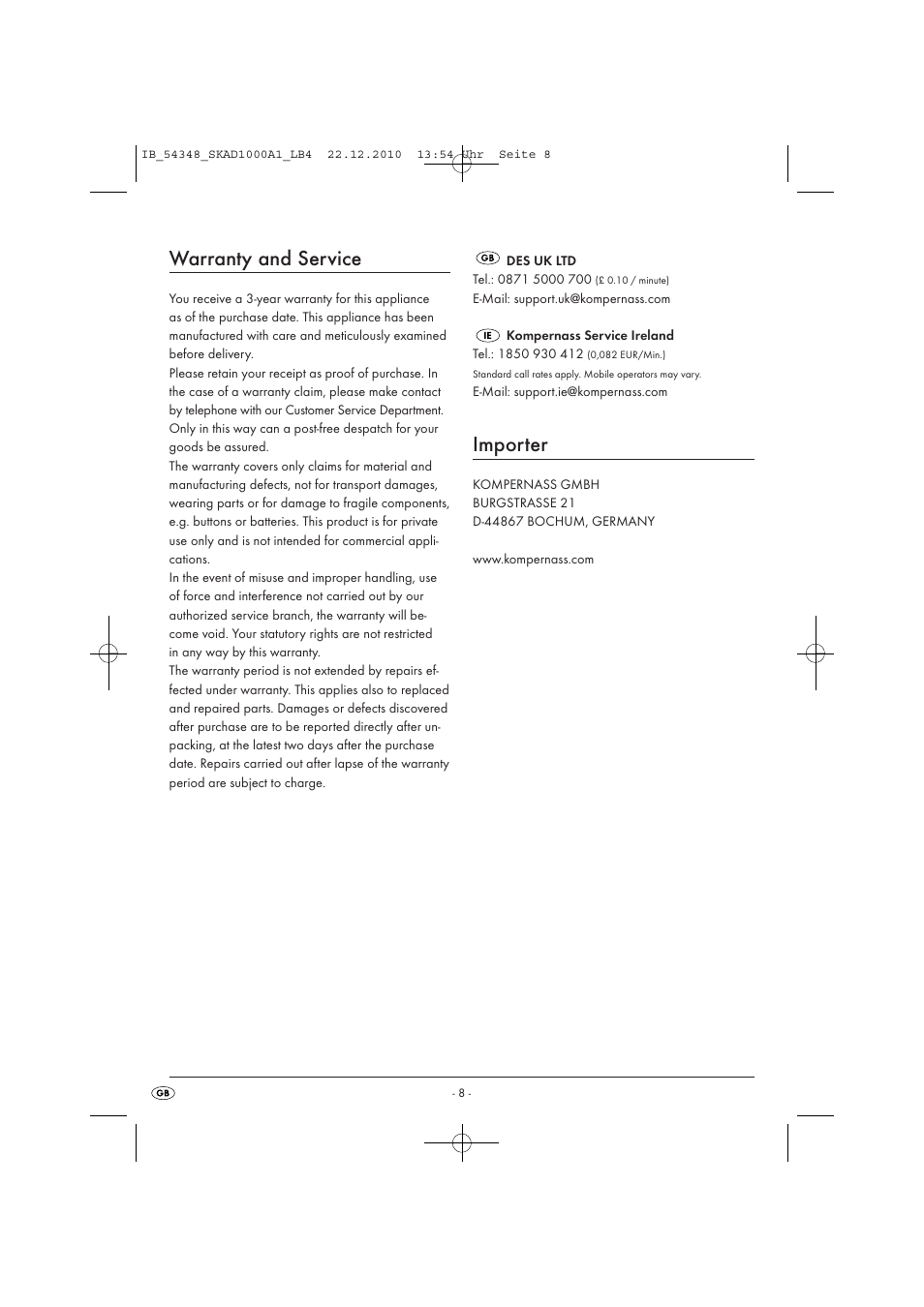 Warranty and service, Importer | Silvercrest SKAD 1000 A1 User Manual | Page 10 / 58