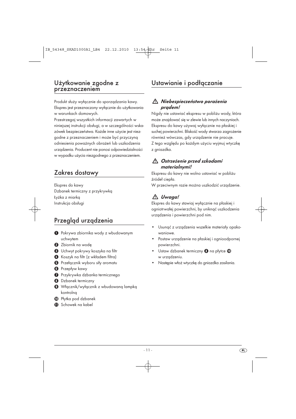 Użytkowanie zgodne z przeznaczeniem, Zakres dostawy, Przegląd urządzenia | Ustawianie i podłączanie | Silvercrest SKAD 1000 A1 User Manual | Page 13 / 58