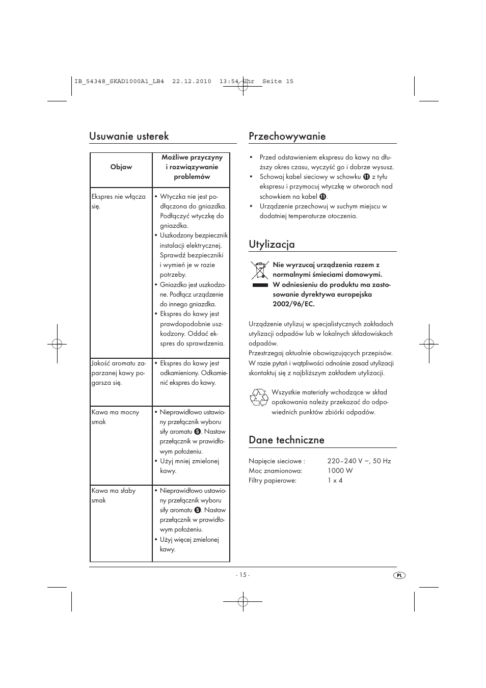 Usuwanie usterek, Przechowywanie, Utylizacja | Dane techniczne | Silvercrest SKAD 1000 A1 User Manual | Page 17 / 58