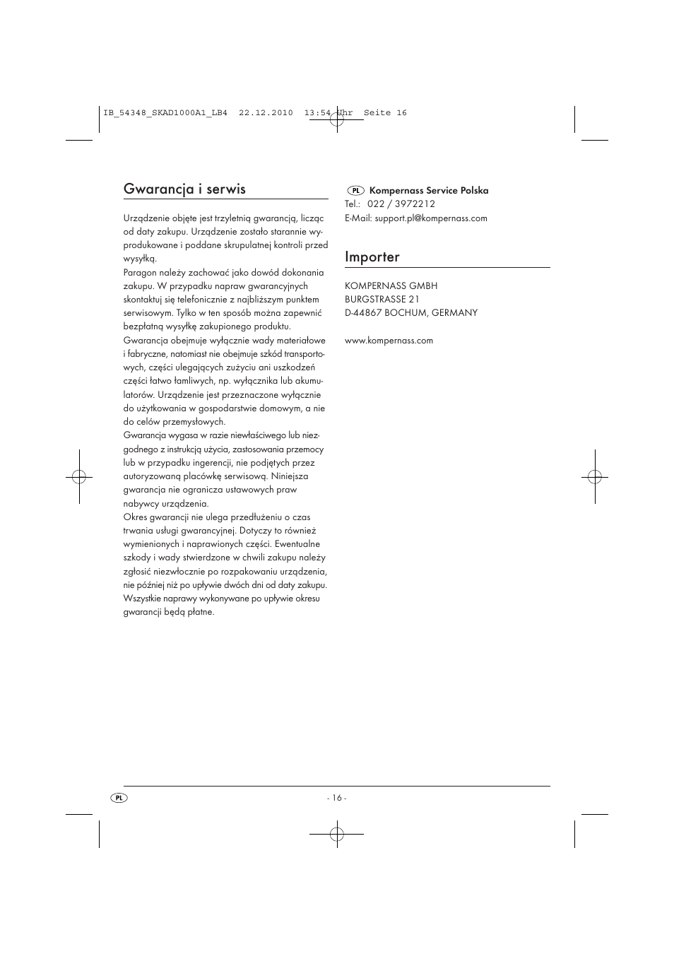 Gwarancja i serwis, Importer | Silvercrest SKAD 1000 A1 User Manual | Page 18 / 58