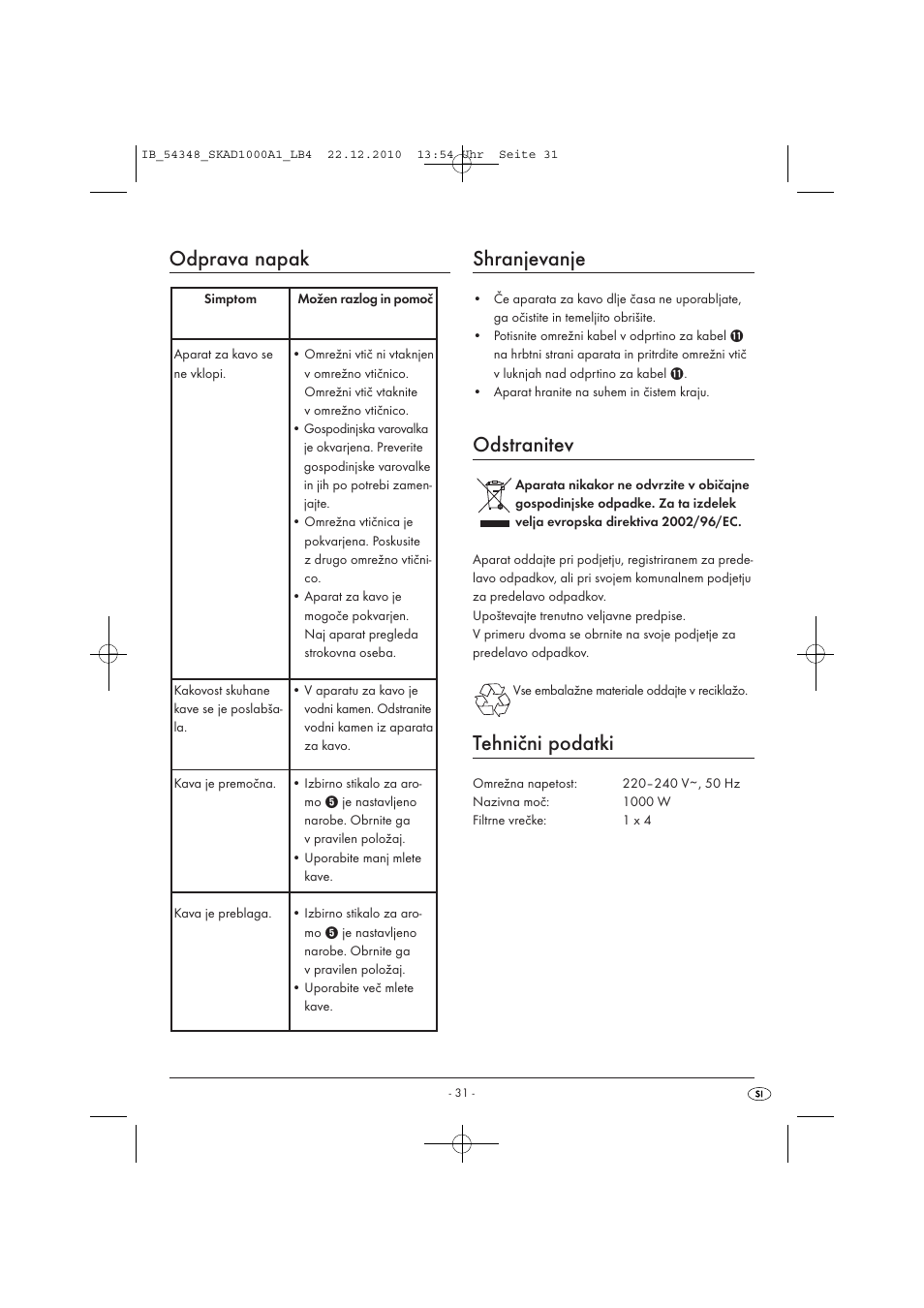 Odprava napak, Shranjevanje, Odstranitev | Tehnični podatki | Silvercrest SKAD 1000 A1 User Manual | Page 33 / 58