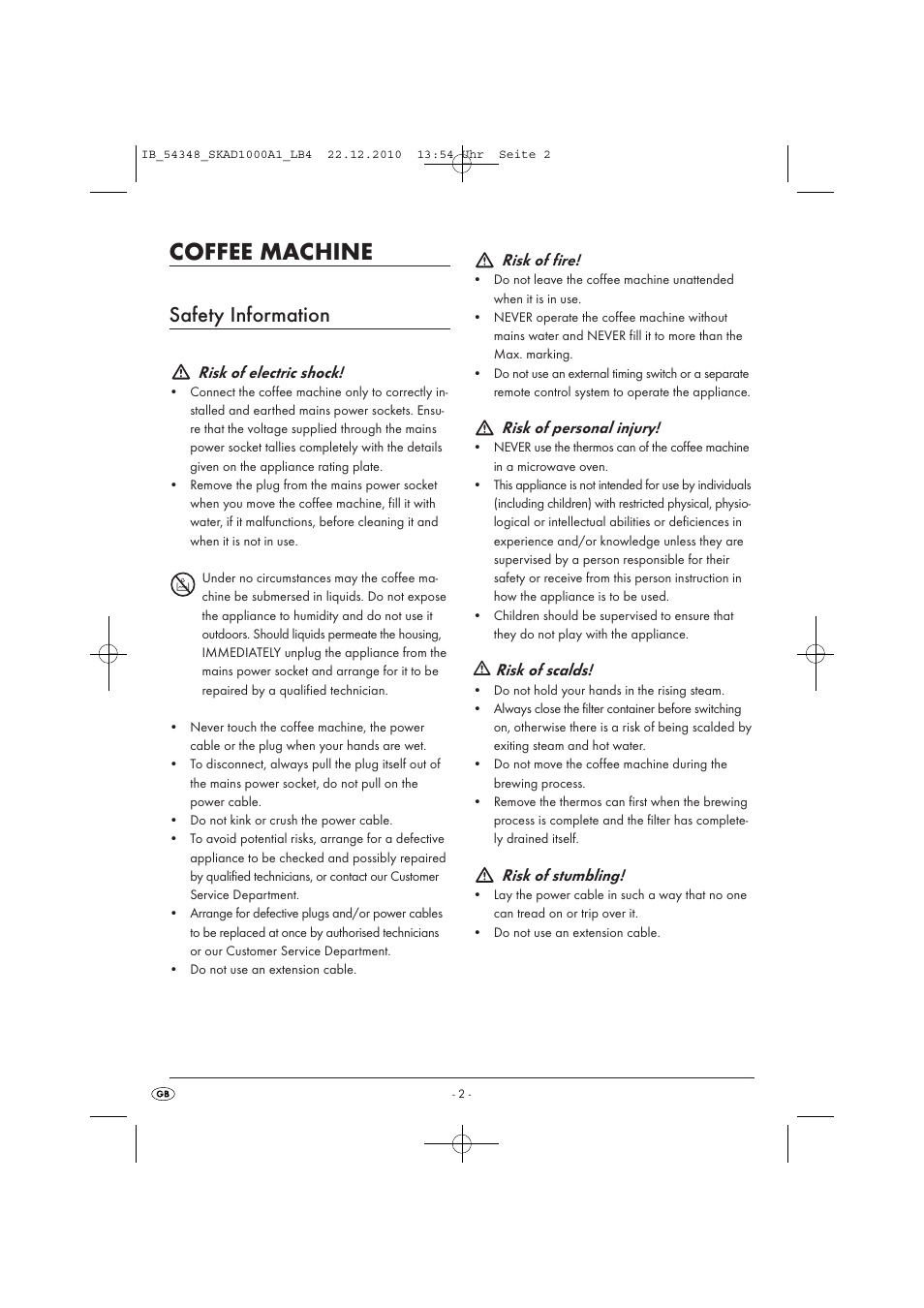 Coffee machine, Safety information, Risk of electric shock | Risk of fire, Risk of personal injury, Risk of scalds, Risk of stumbling | Silvercrest SKAD 1000 A1 User Manual | Page 4 / 58